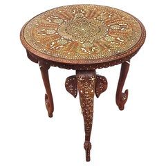 Antique Anglo Indian Carved Wood and Inlaid Round Table with Elephants 