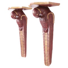 Anglo Indian Carved Wood Parrot Wall Brackets