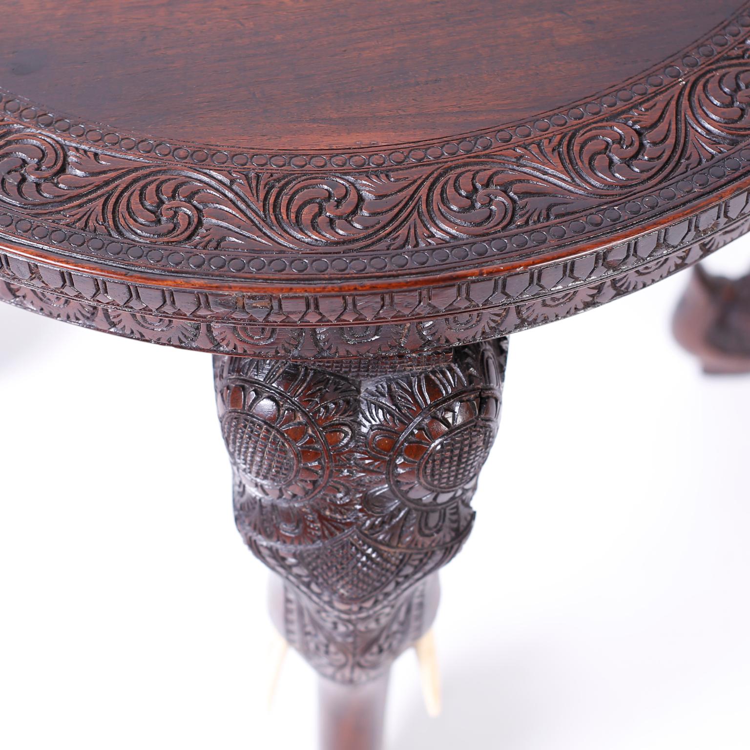 Anglo-Indian Anglo Indian Carved Wood Round Table with Elephants For Sale
