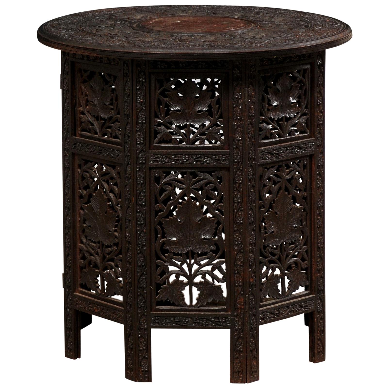 Anglo-Indian Carved-Wood Tea Table Top, Foldable for Storage