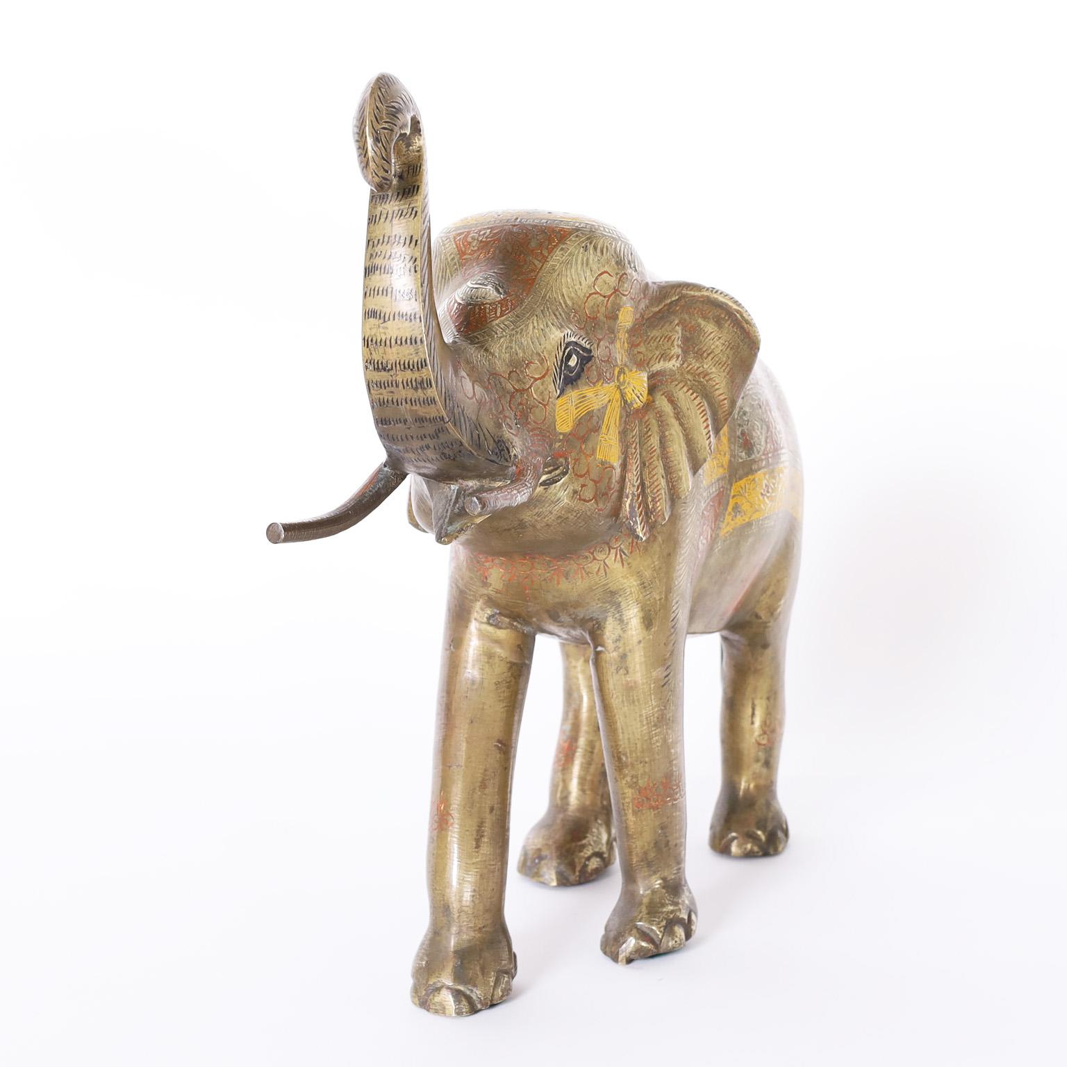 Enameled Anglo Indian Cast Brass Elephant with Enamel For Sale