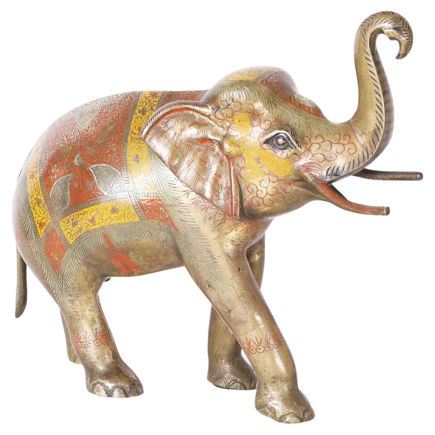 Anglo Indian Cast Brass Elephant with Enamel For Sale