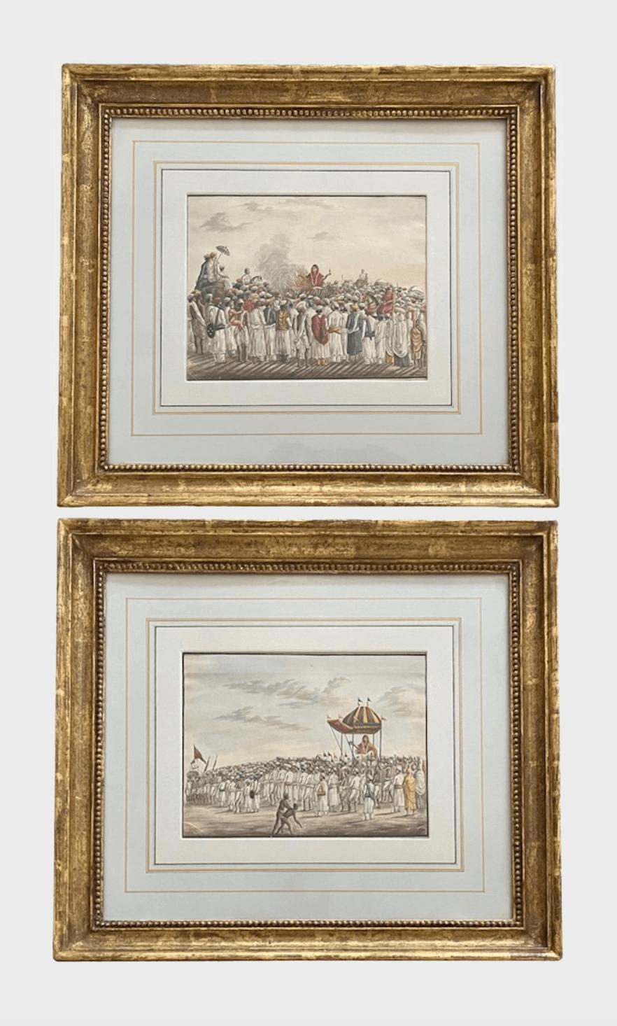 A wonderful and singular set of two early 19th century Anglo-Indian Company School watercolour paintings, likely Murshidabad, depicting 'Sati' or 'Suttee', the historical practice in which a widow sacrifices herself by sitting atop her deceased