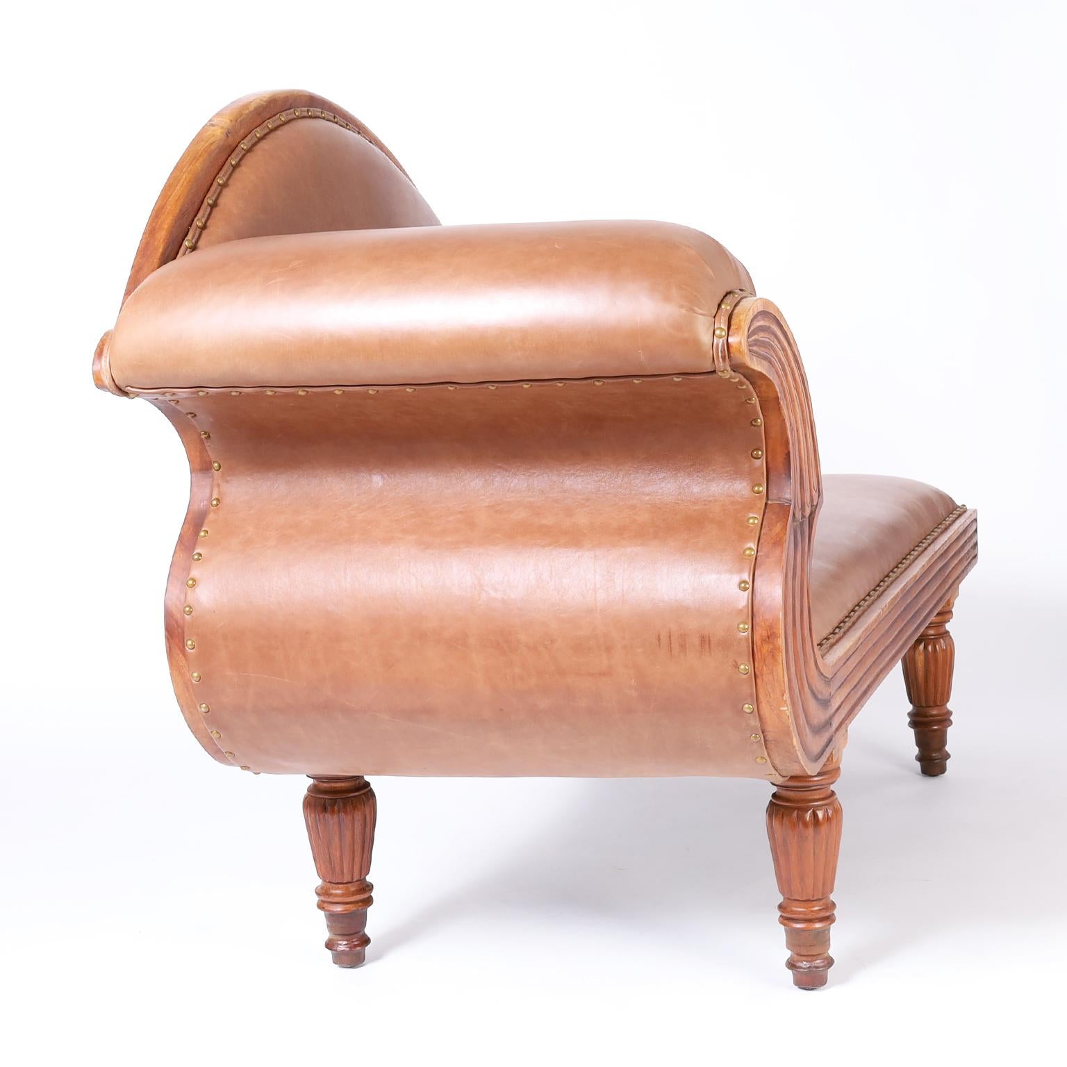Anglo Indian Daybed or Récamier with Brown Leather In Good Condition In Palm Beach, FL