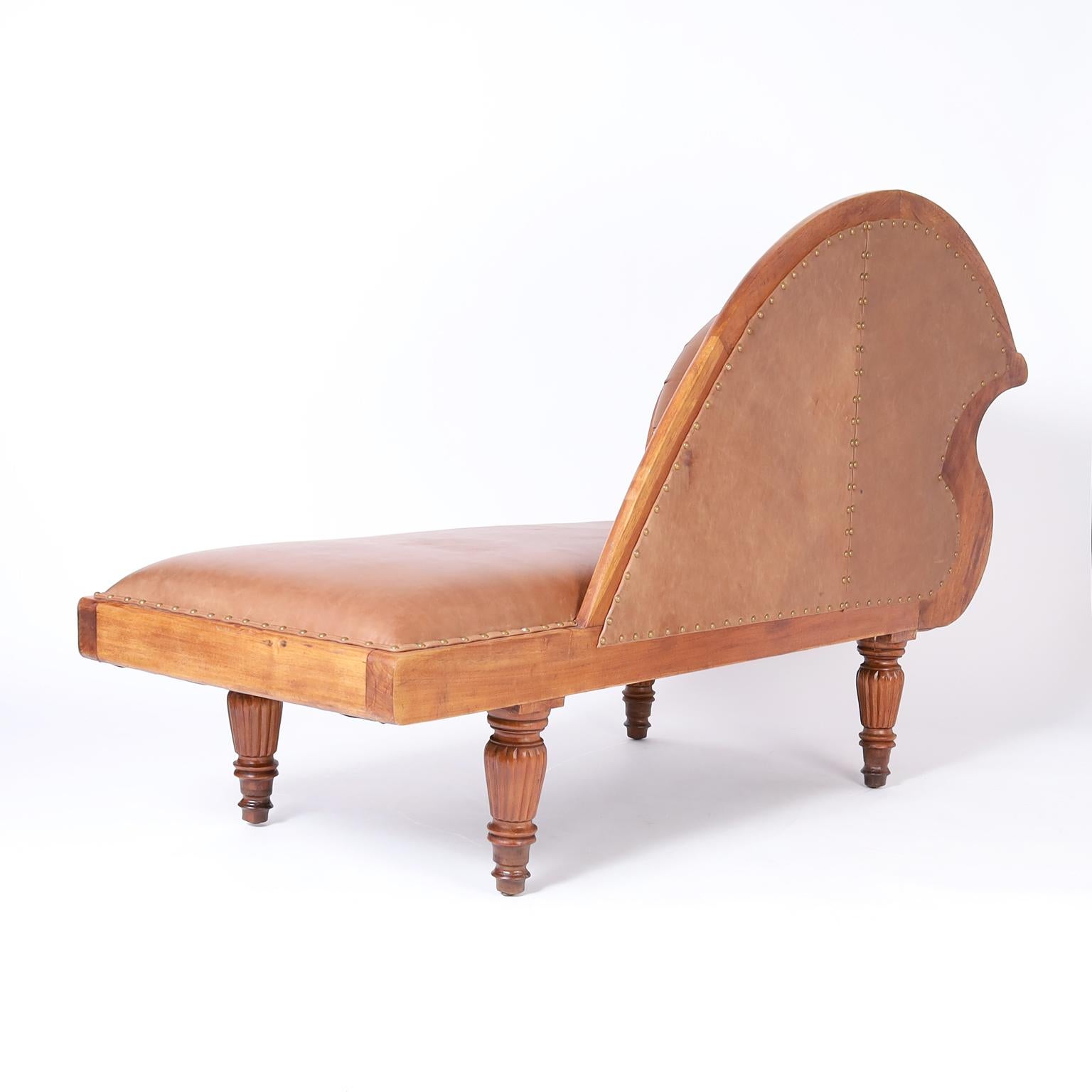 Anglo Indian Daybed or Récamier with Brown Leather For Sale 1