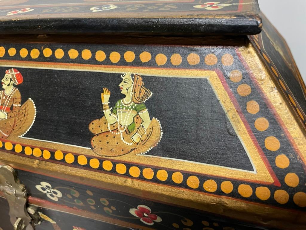 Wood Anglo Indian Decorative Box with Painted Figures of Dancers For Sale