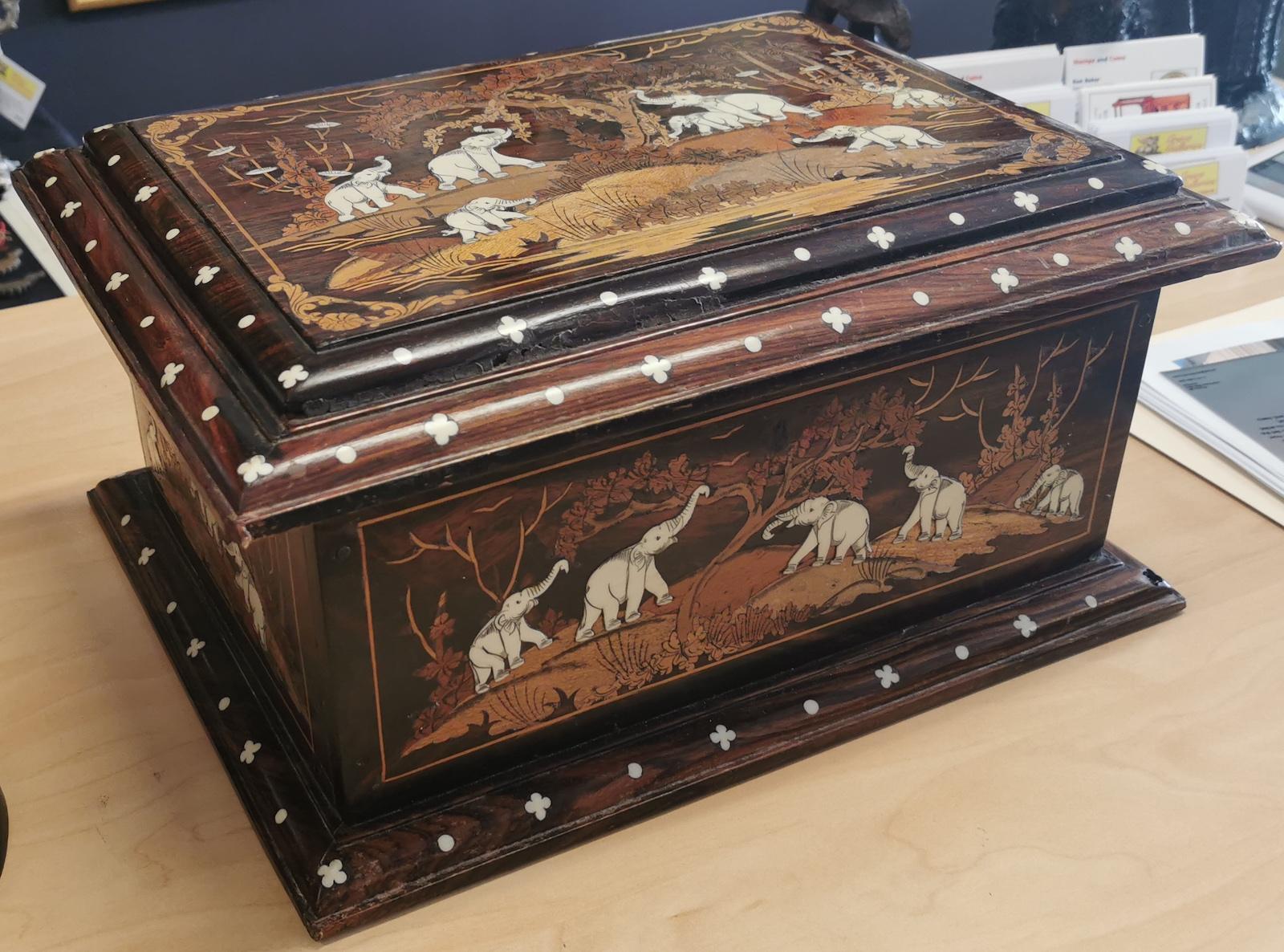 Anglo-Indian document box,
profusely decorated with 23 carved bone elephants,
Measures: 41 x 30 x 20cm
Our eclectic stock crosses cultures, continents, styles and famous names.