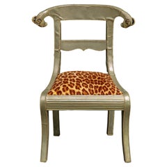 Used Anglo-Indian Dowry Chair: Regal Silvered Elegance w Rams' Heads & Leopard Seat