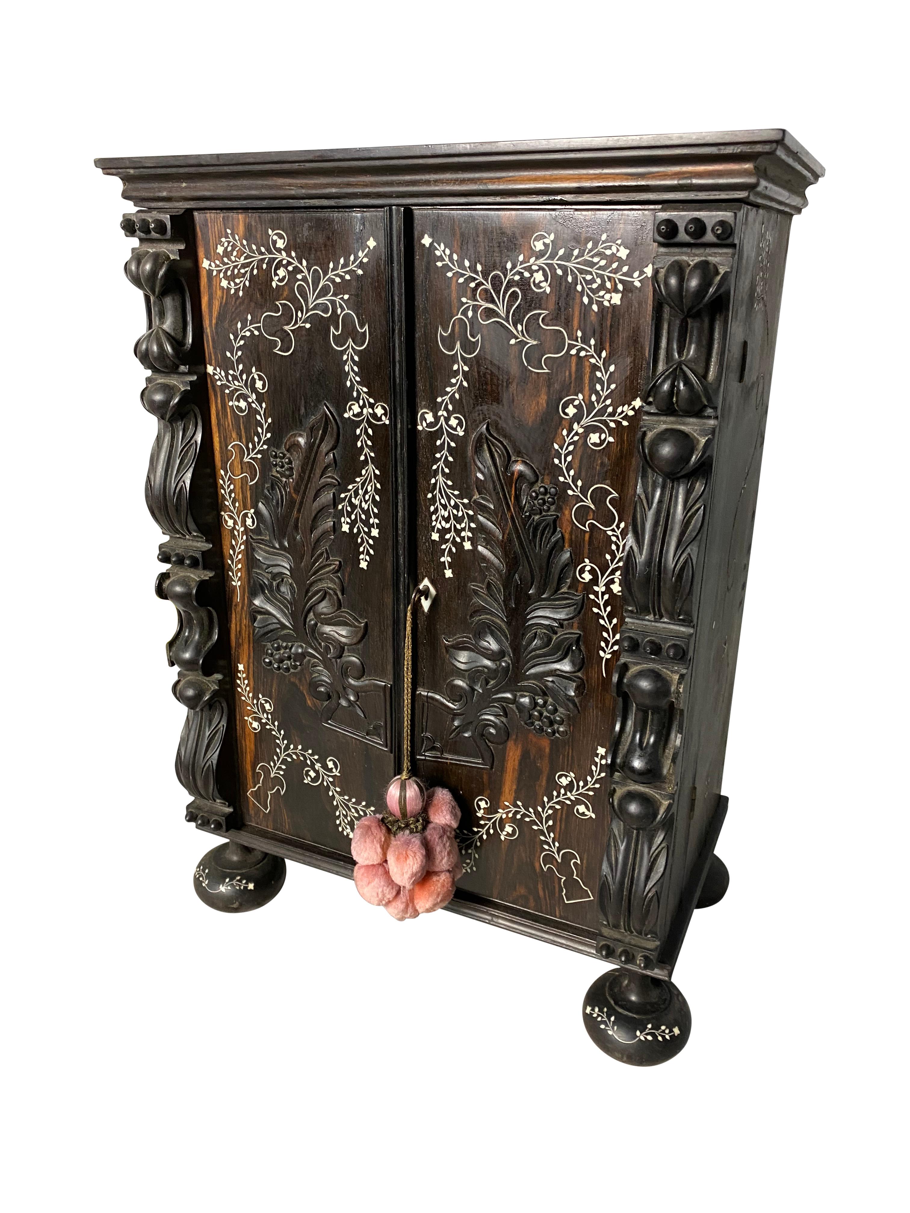 Hand-Carved Anglo-Indian Ebony Inlaid Cabinet, 19th Century For Sale