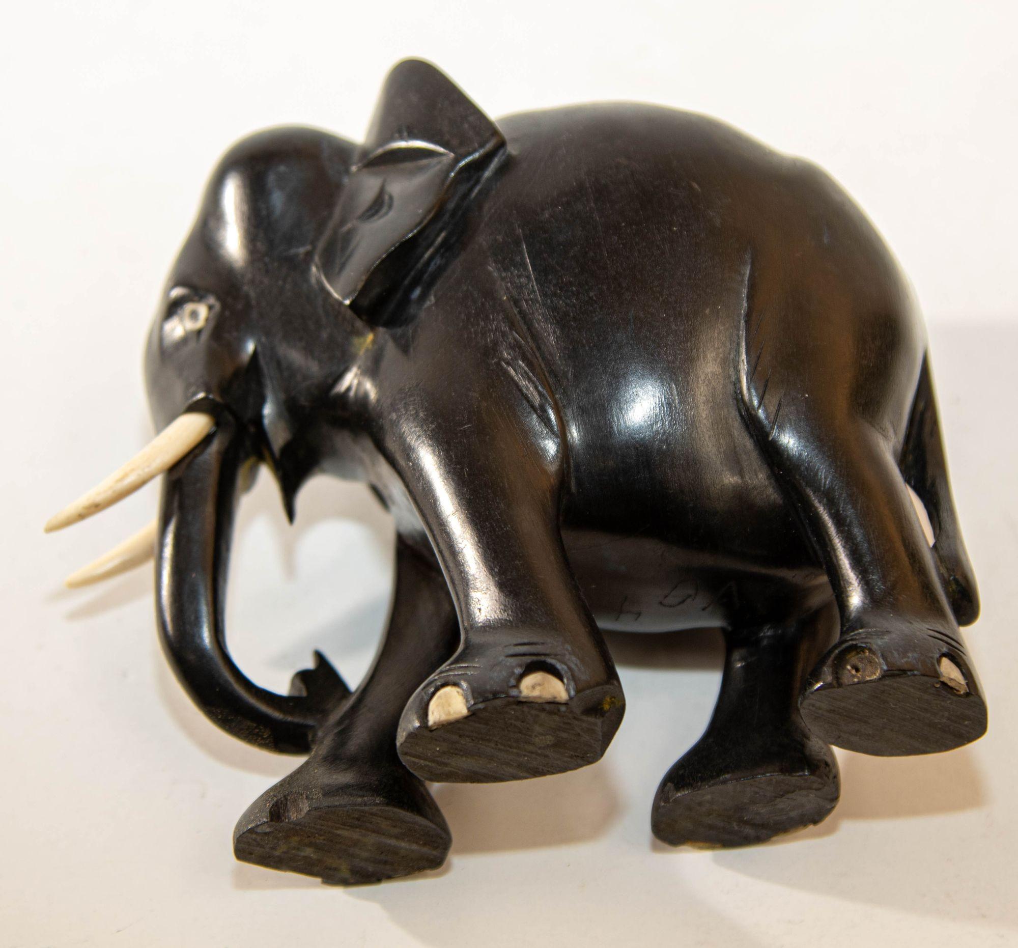 Anglo Indian Elephant Ebony Wood Hand Carved Sculpture In Good Condition For Sale In North Hollywood, CA