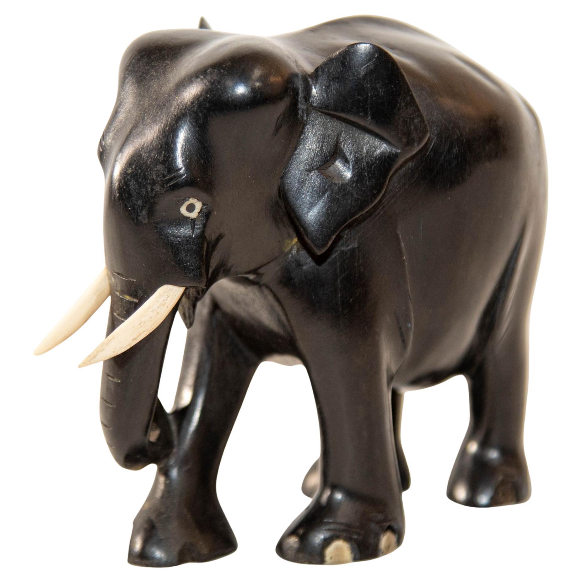 Anglo Indian Elephant Ebony Wood Hand Carved Sculpture For Sale