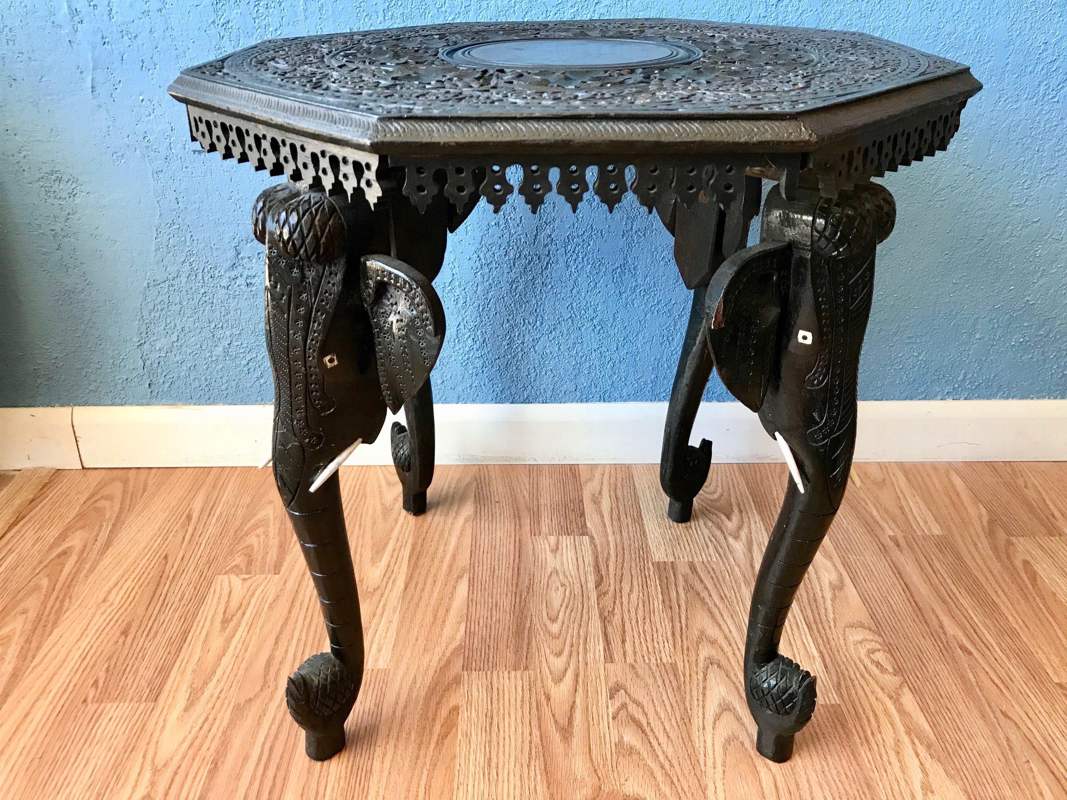 Carved Anglo - Indian Elephant Motif Table