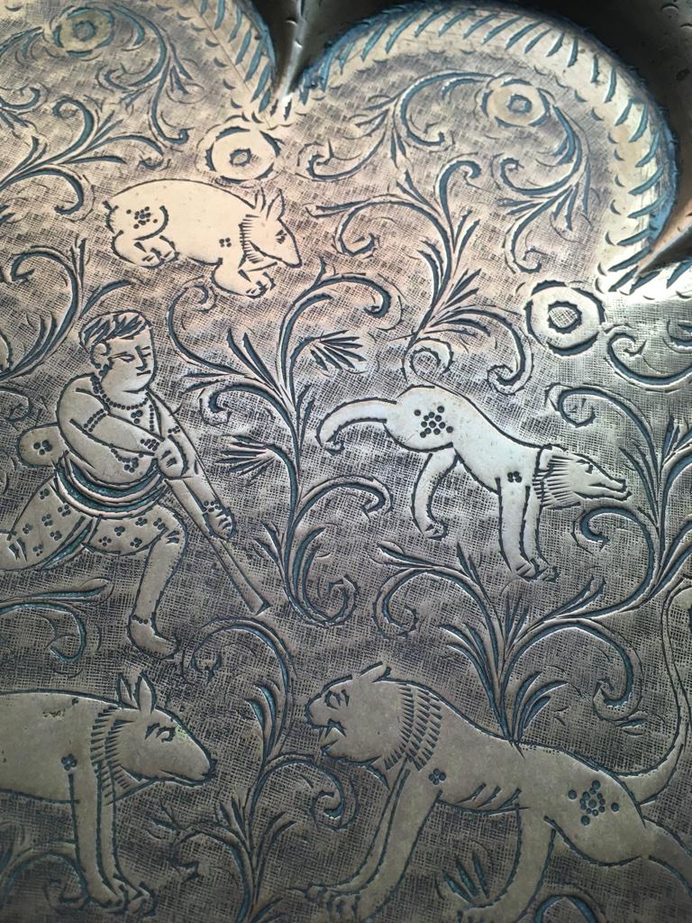 Anglo Indian Embossed Brass Coffee Tray with Hunting Scene, 1920s 1