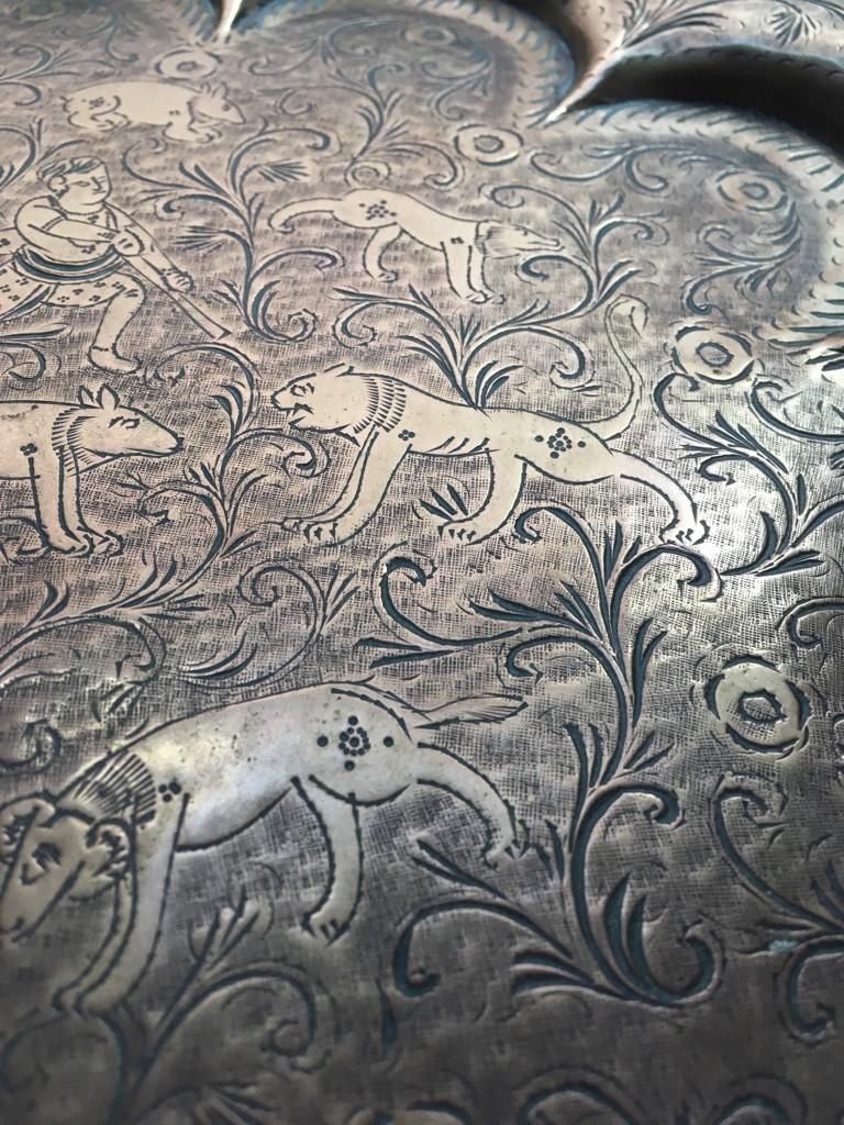 Engraved Anglo Indian Embossed Brass Coffee Tray with Hunting Scene, 1920s