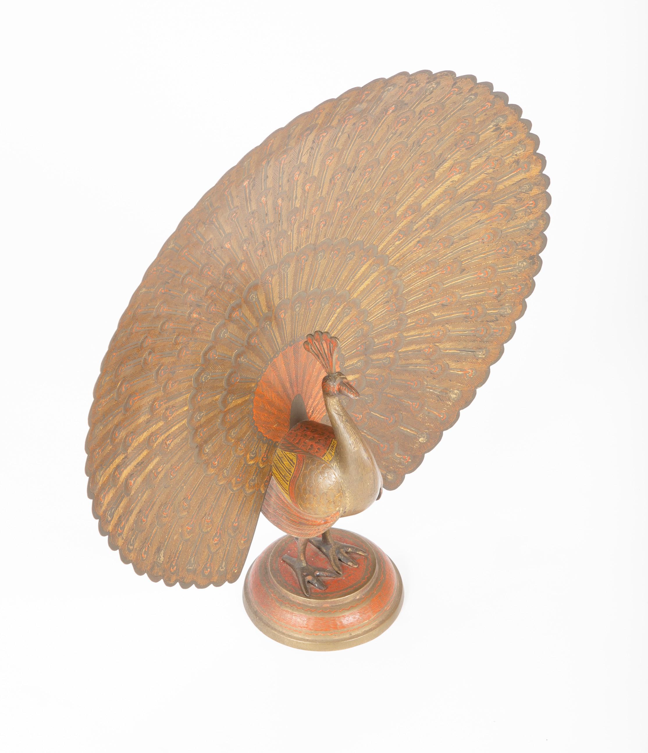 Anglo-Indian Etched and Painted Brass Peacock In Good Condition For Sale In Stamford, CT