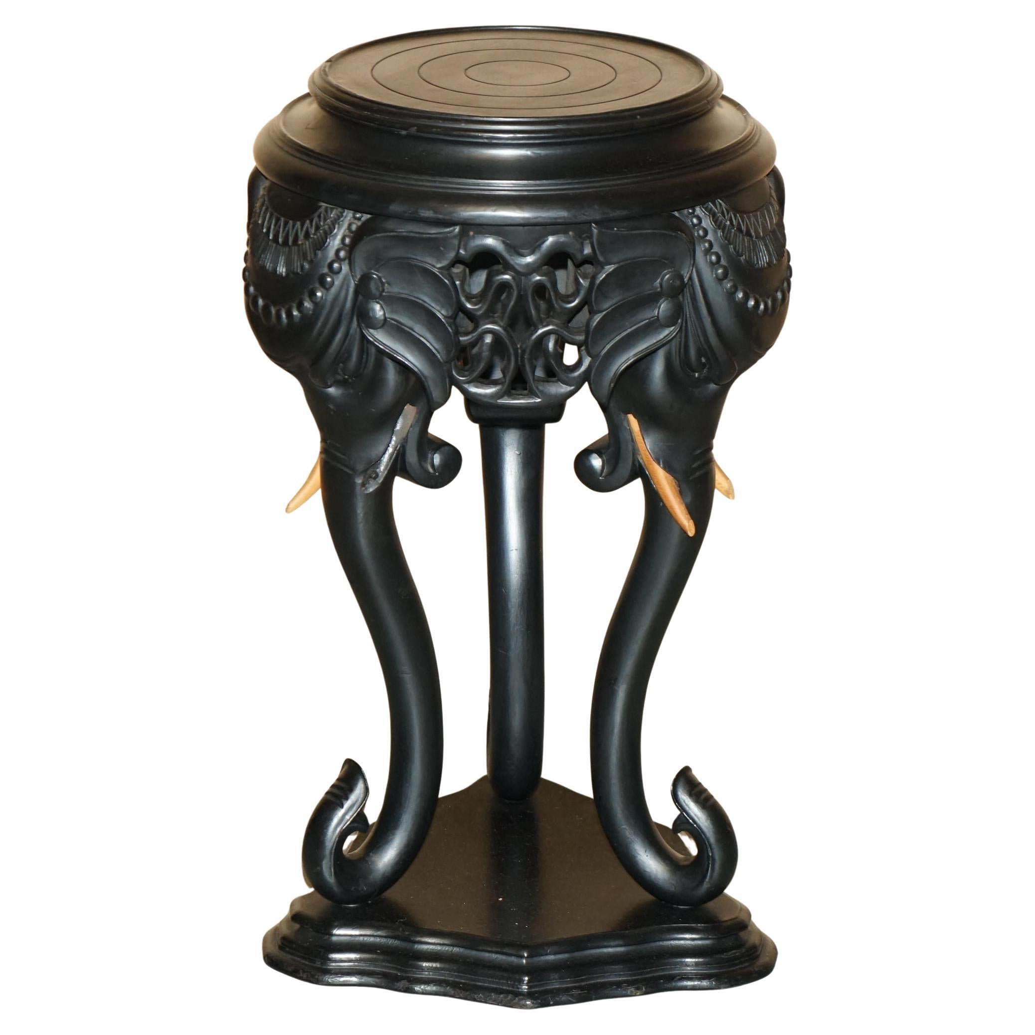 ANGLO INDIAN EXPORT CIR 1920 EBONISED ELEPHANT JARDINIERE PLANT STAND SiDE TABLE For Sale
