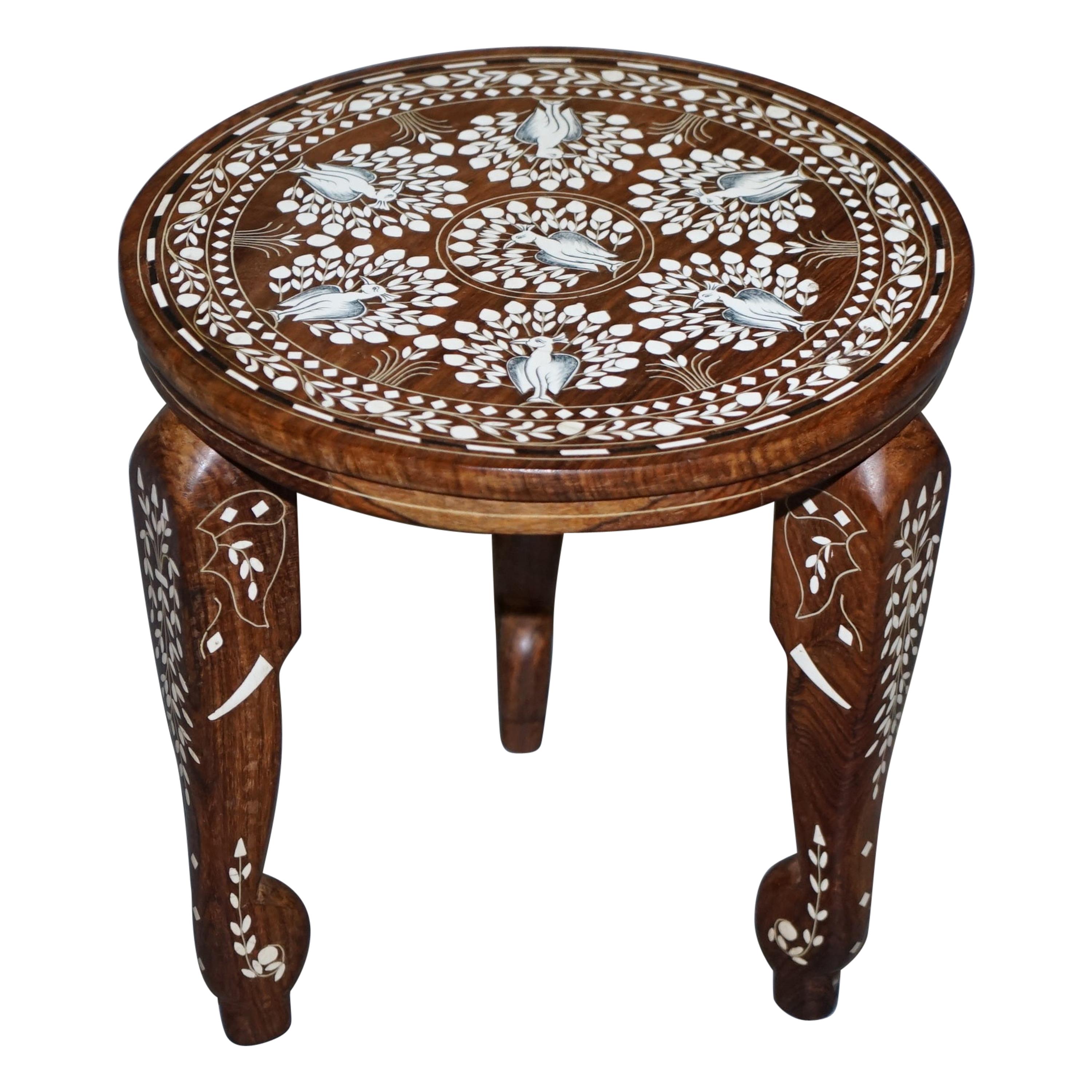 Anglo Indian Export Hardwood Elephant Inlaid Side Lamp End Wine Table Flowers For Sale