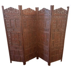 Anglo Indian Folding 4 Panel Hand Carved Screen Room Divider