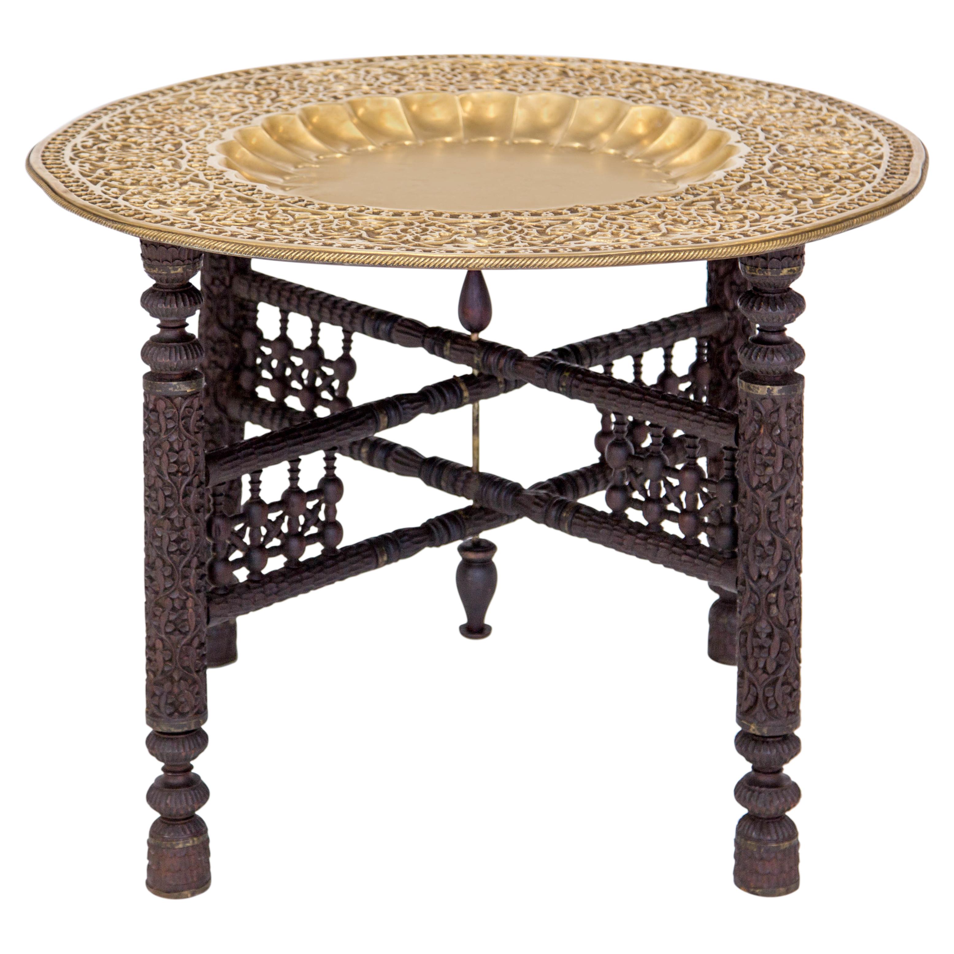 Anglo-Indian Folding Brass Gold Tray Table On Ebony Carved Wood Folding Base 4