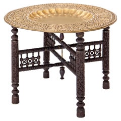 Anglo-Indian Folding Brass Gold Tray Table On Ebony Carved Wood Folding Base