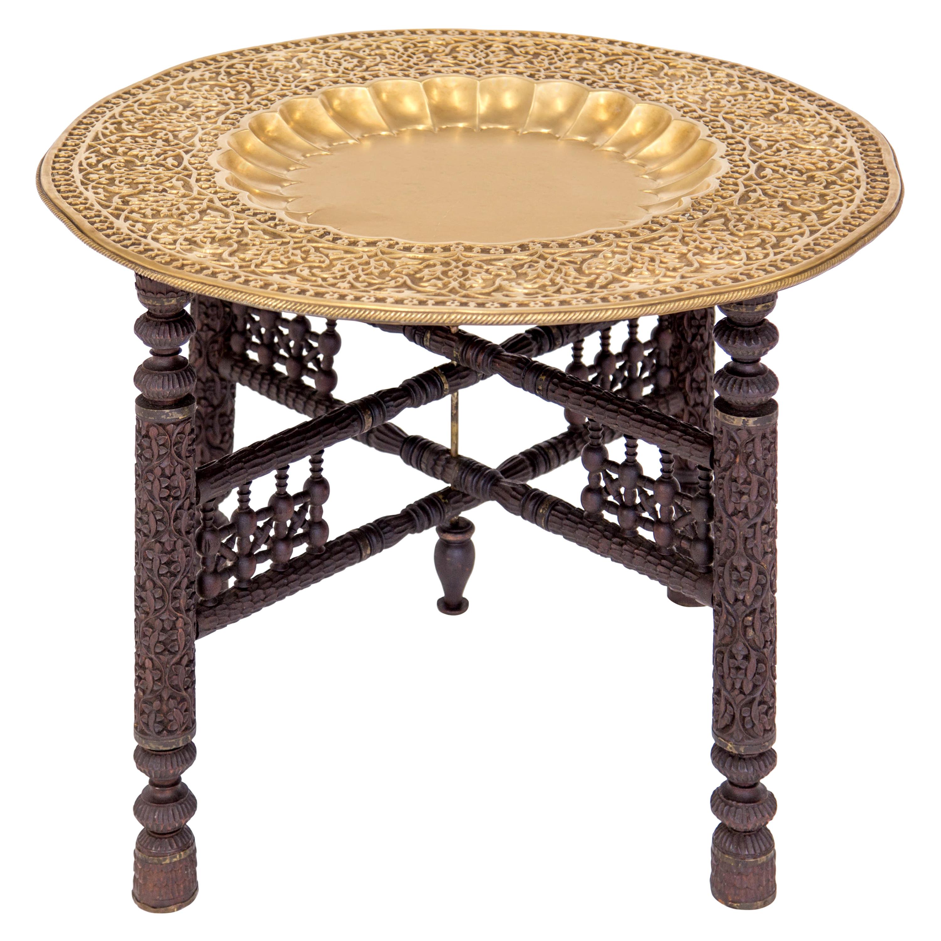 Anglo-Indian Folding Brass Gold Tray Table On Ebony Carved Wood Folding Base