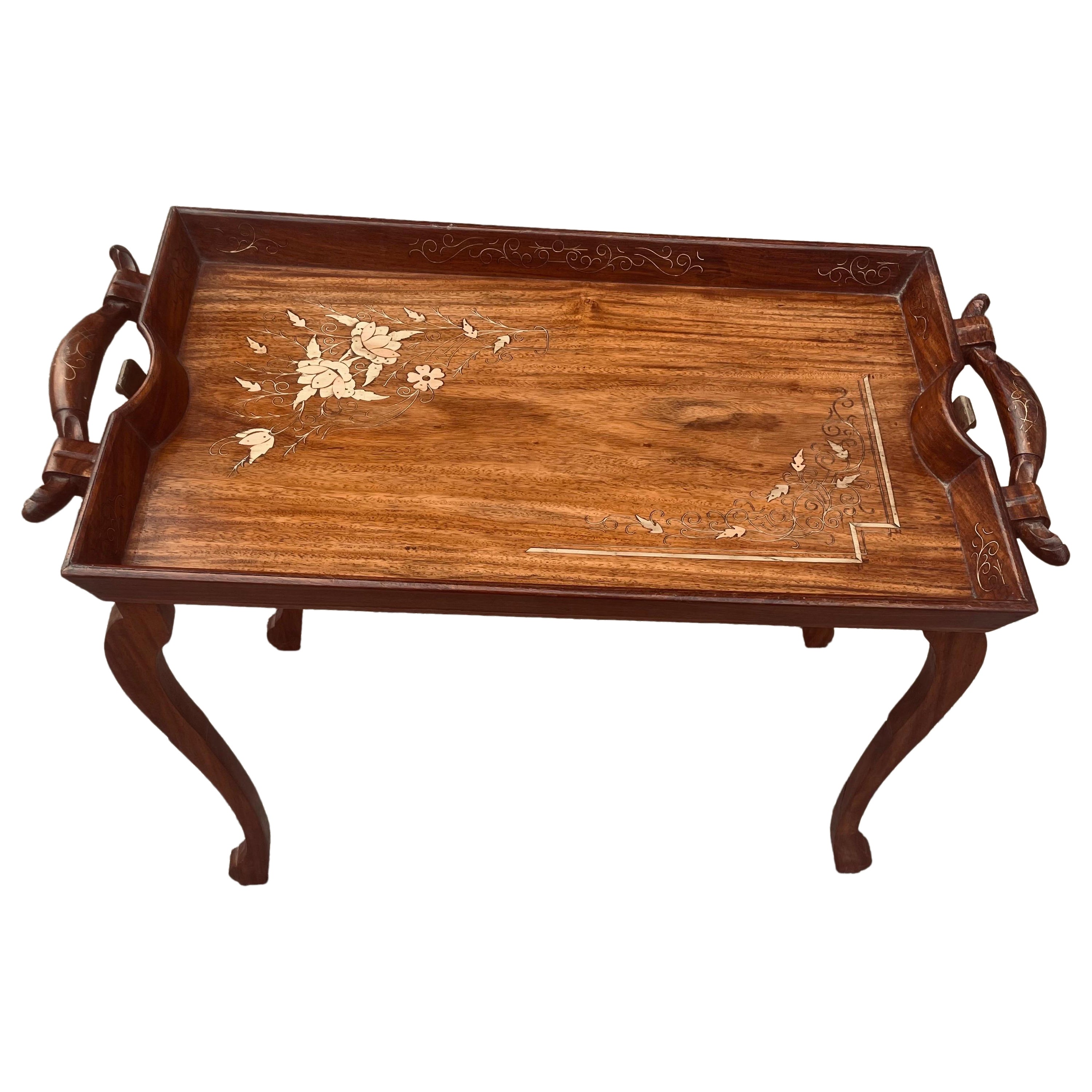 Anglo-Indian Folding Rosewood Tray/Butler
s Table With Mixed Metal Inlay For Sale