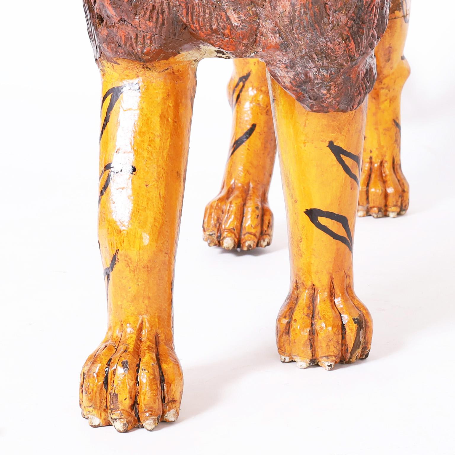 Hardwood Anglo Indian Folk Art Carved Wood Lion Tiger For Sale