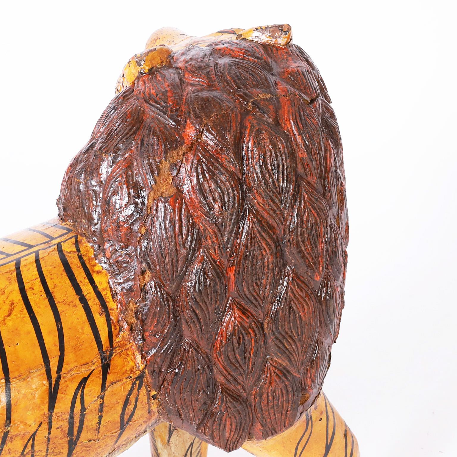 Anglo Indian Folk Art Carved Wood Lion Tiger In Good Condition For Sale In Palm Beach, FL