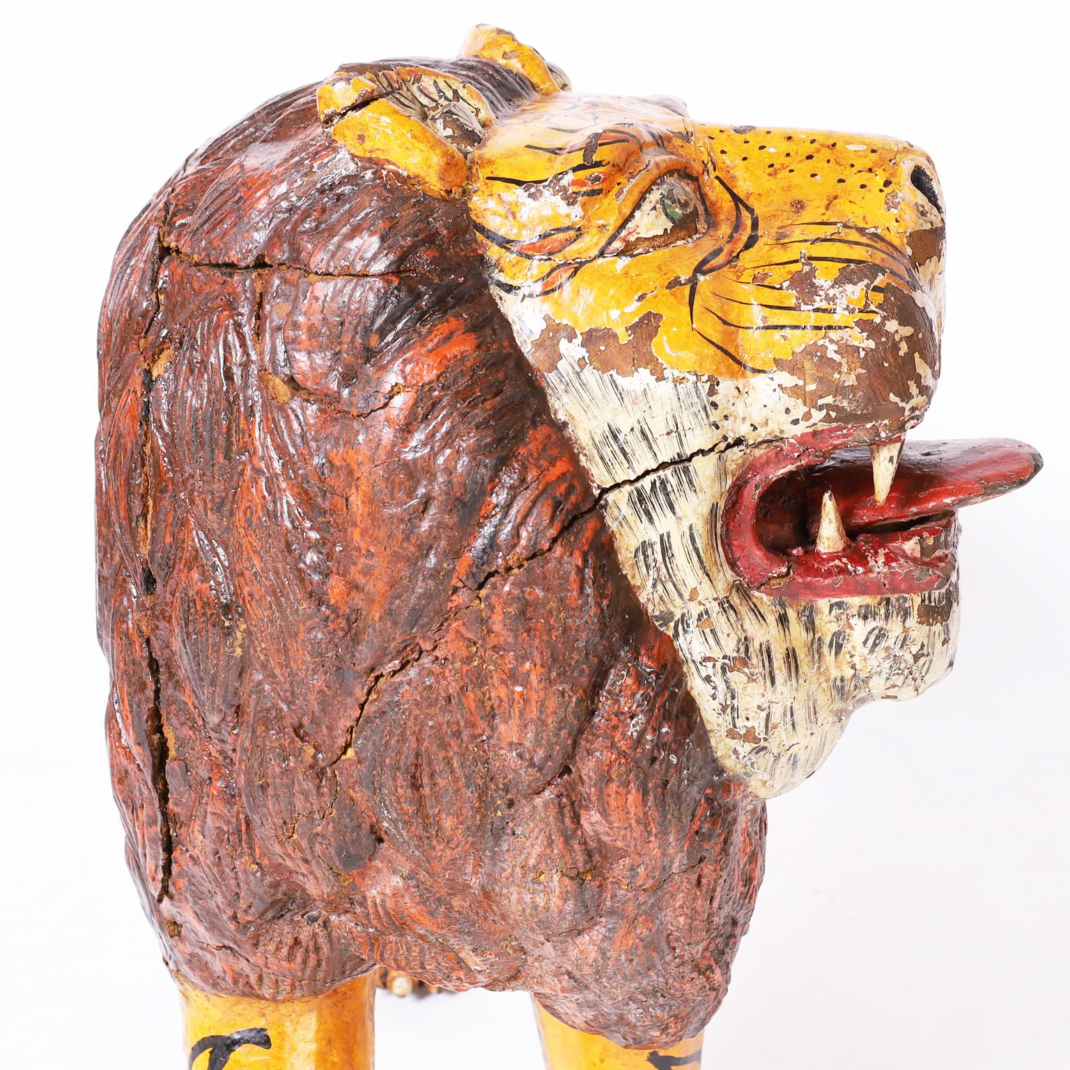 20th Century Anglo Indian Folk Art Carved Wood Lion Tiger For Sale