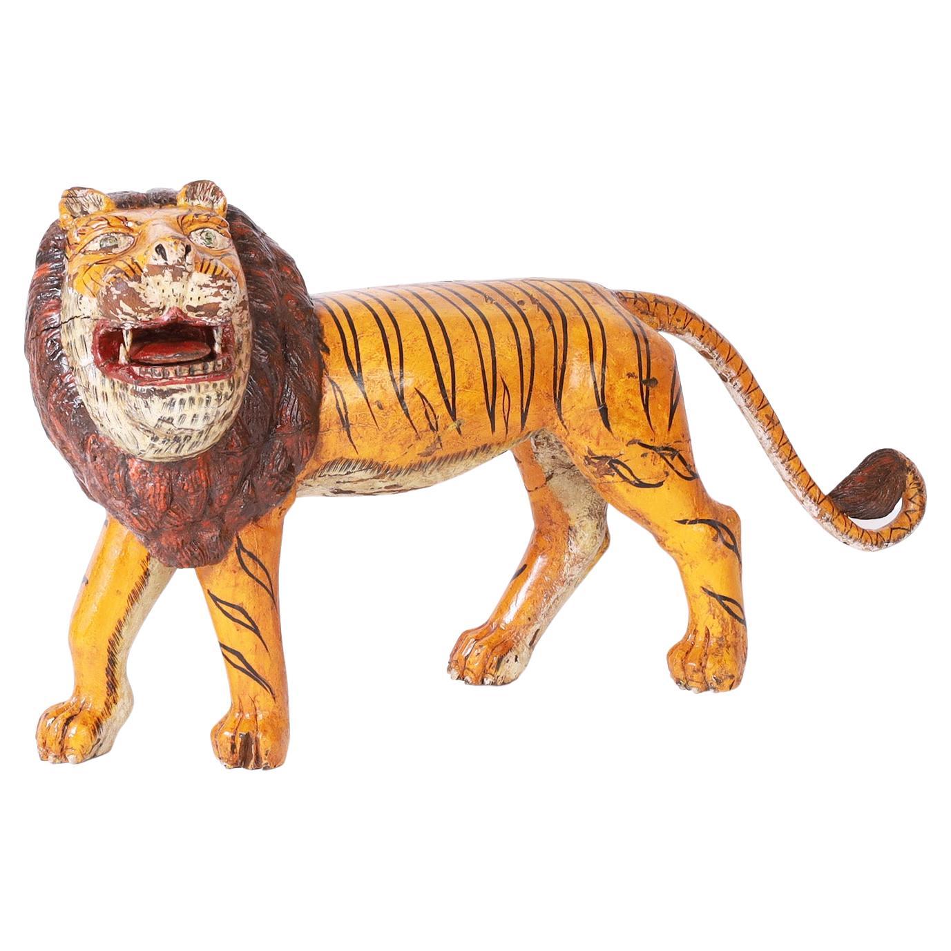 Anglo Indian Folk Art Carved Wood Lion Tiger For Sale