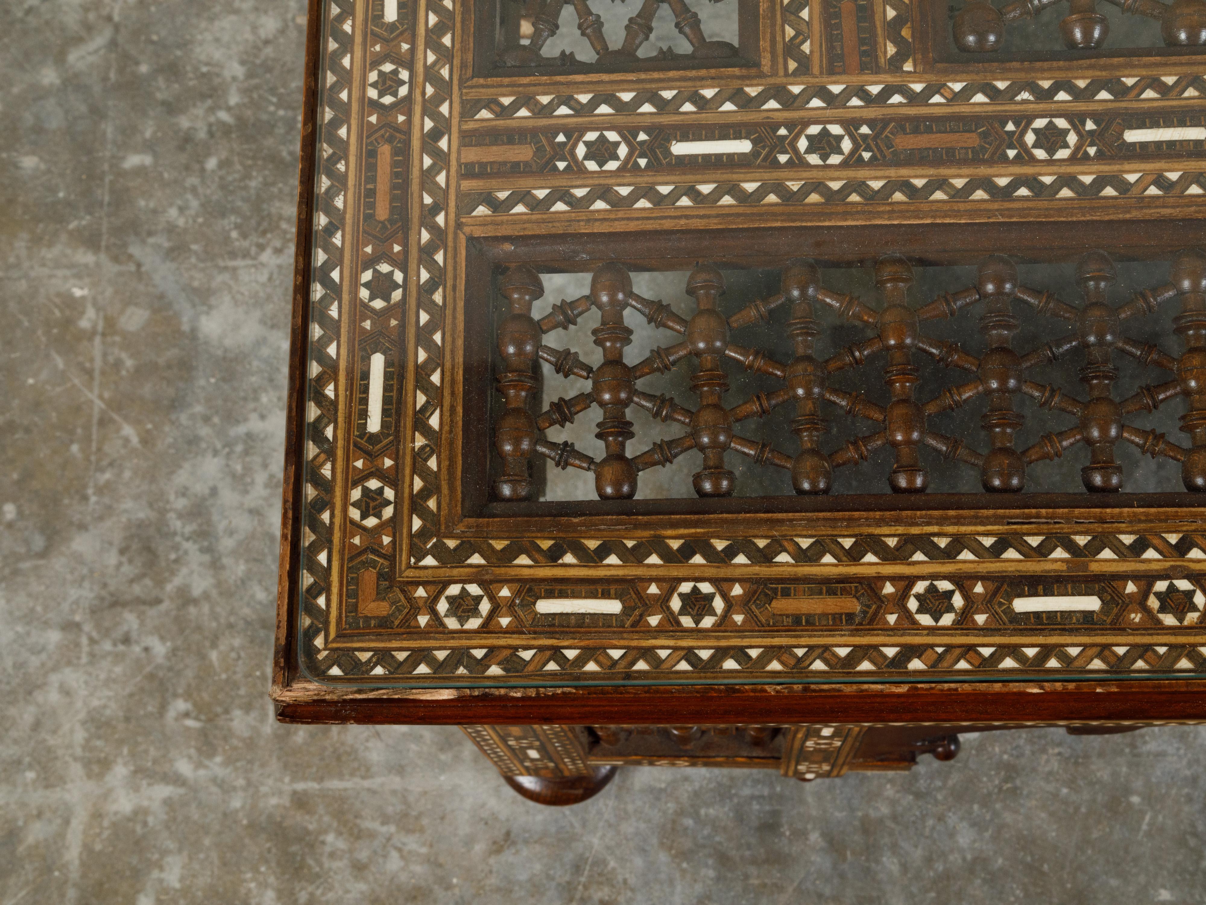 Anglo-Indian Glass Top Coffee Table with Mother of Pearl Inlay and Turned Motifs 5