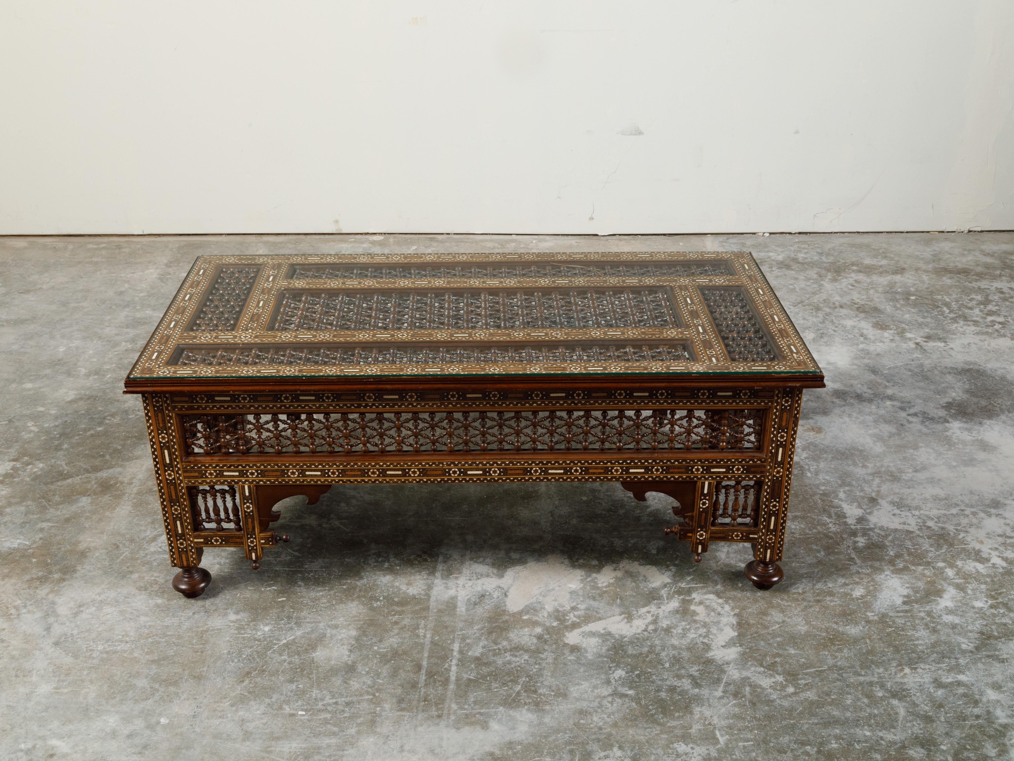 20th Century Anglo-Indian Glass Top Coffee Table with Mother of Pearl Inlay and Turned Motifs