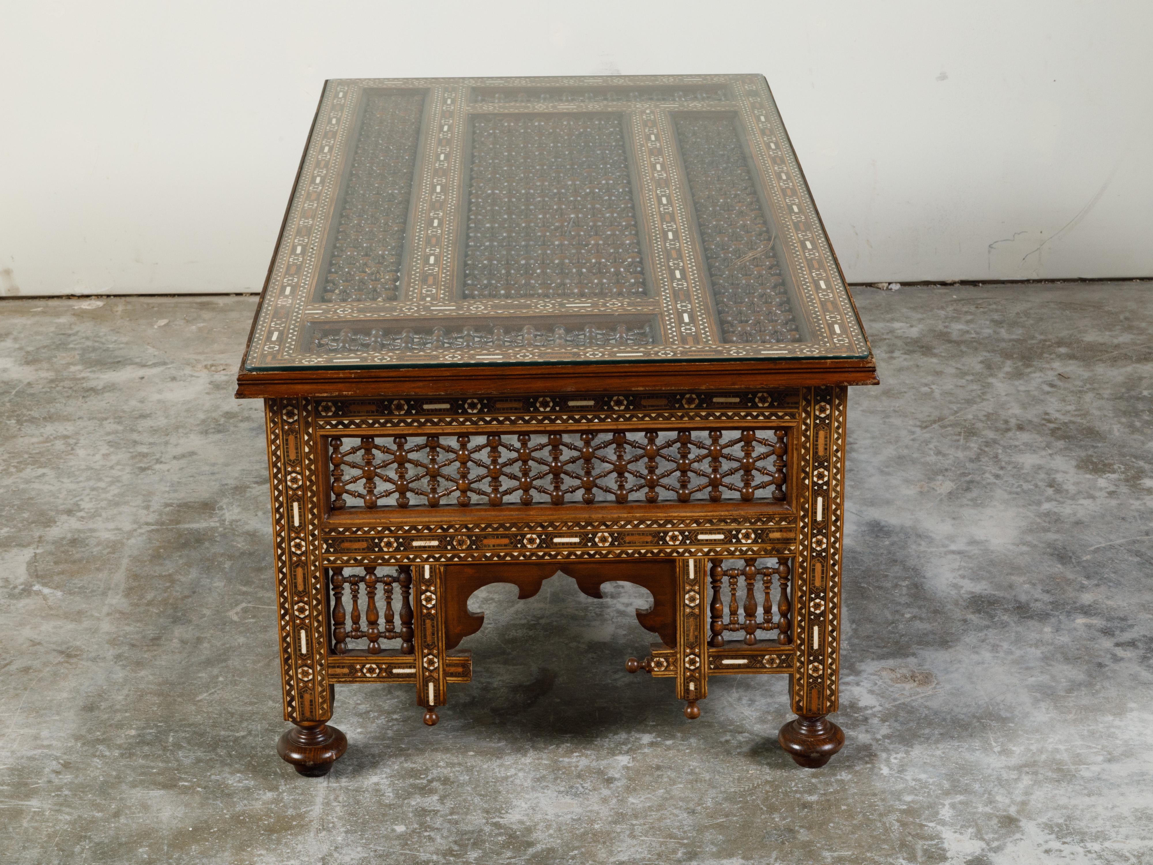 Anglo-Indian Glass Top Coffee Table with Mother of Pearl Inlay and Turned Motifs 1