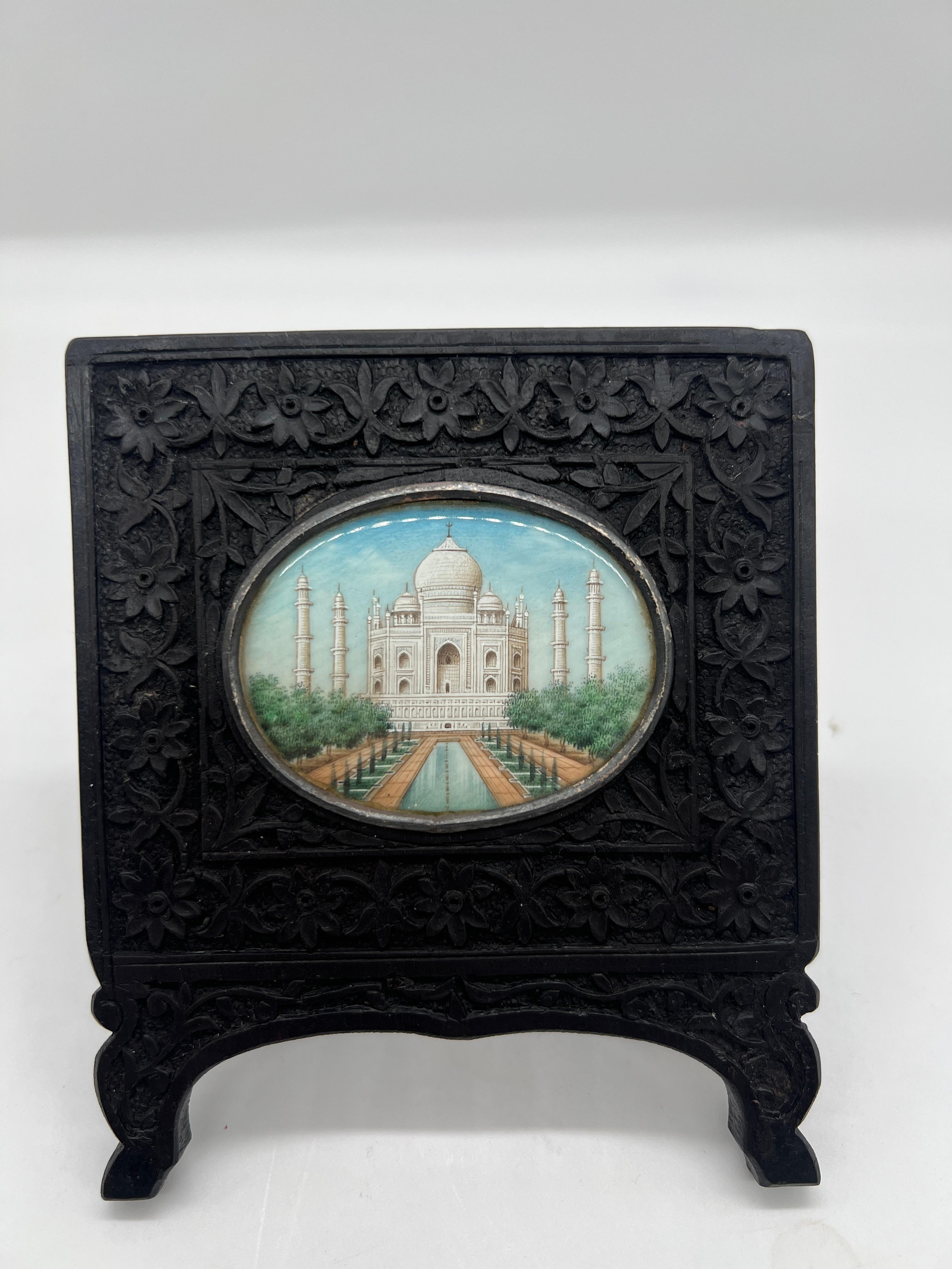 19th Century Anglo Indian Grand Tour Miniature Taj Mahal Painting In Carved Rosewood Frame For Sale