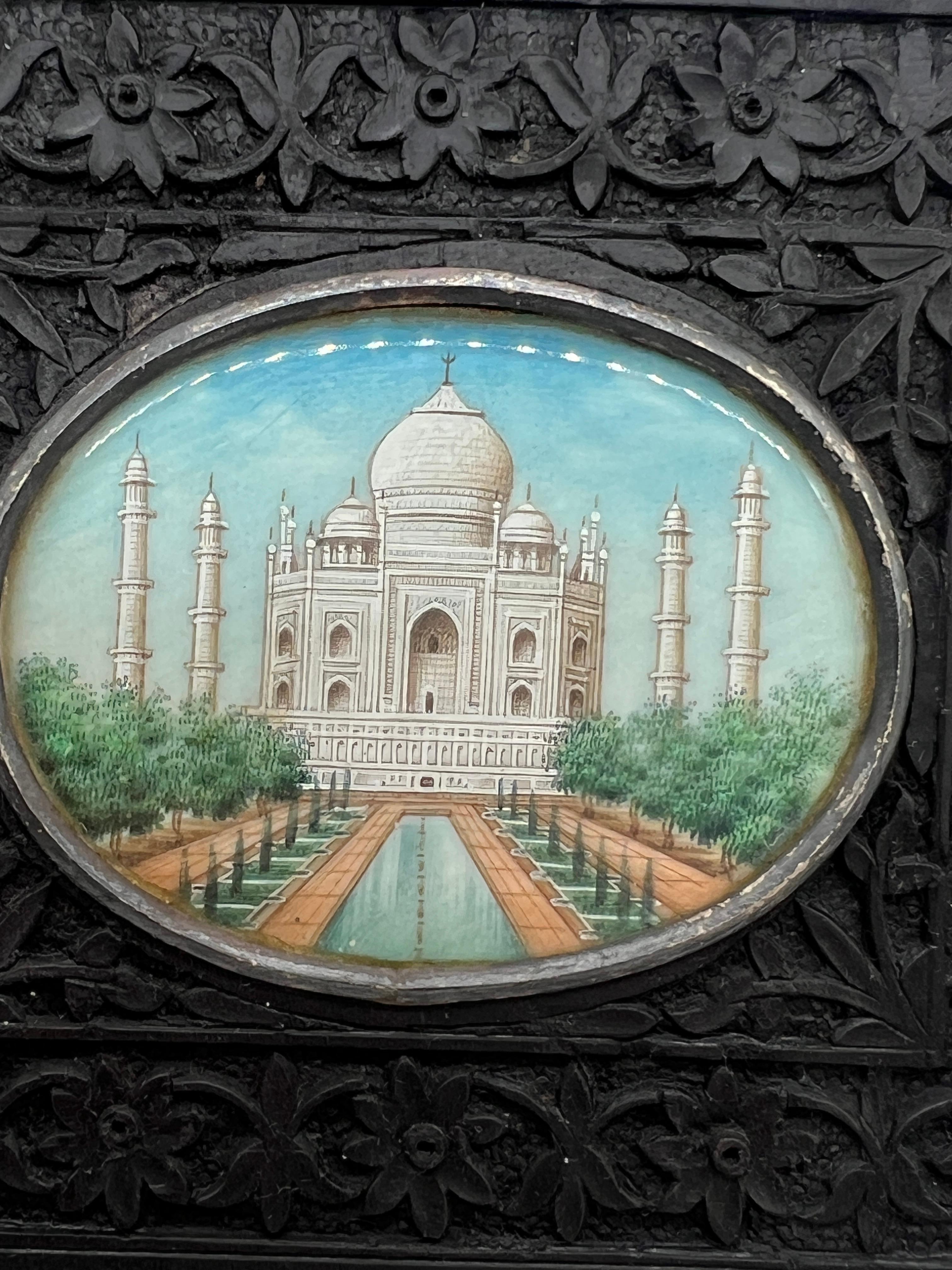 Enamel Anglo Indian Grand Tour Miniature Taj Mahal Painting In Carved Rosewood Frame For Sale