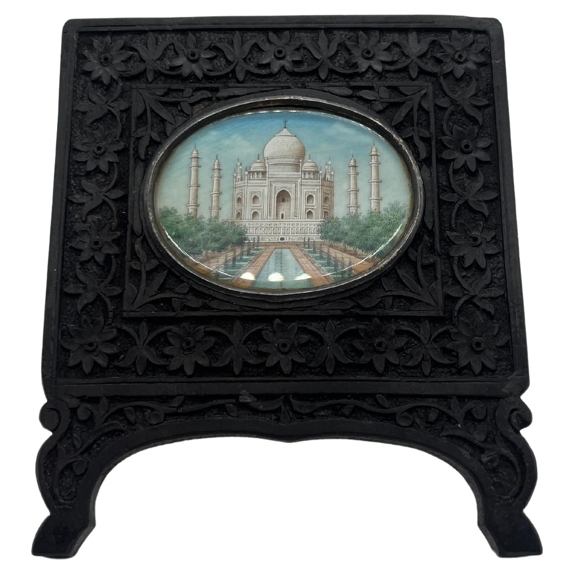 Anglo Indian Grand Tour Miniature Taj Mahal Painting In Carved Rosewood Frame For Sale