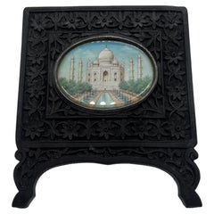 Antique Anglo Indian Grand Tour Miniature Taj Mahal Painting In Carved Rosewood Frame