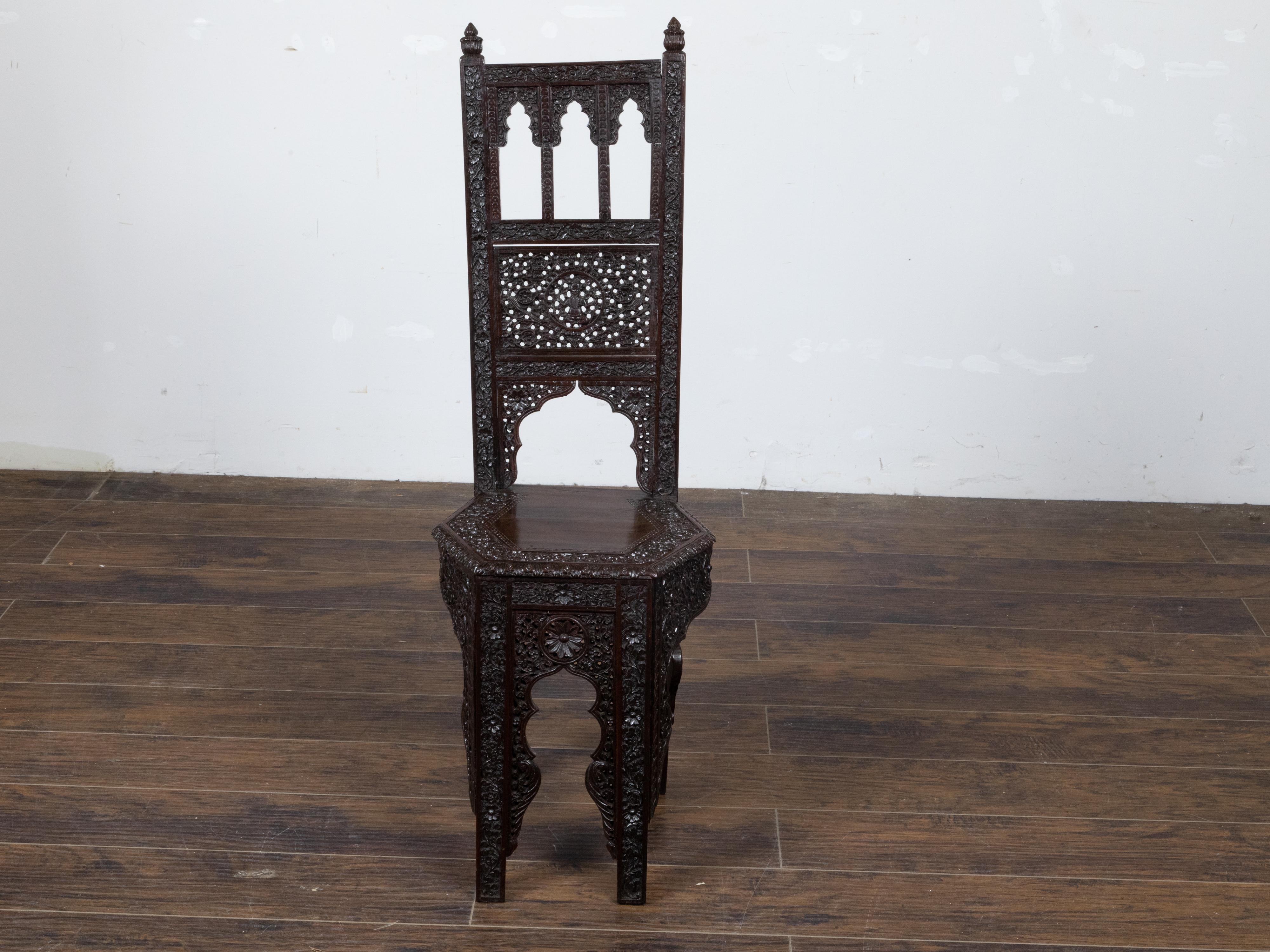 Anglo-Indian Anglo Indian Hand Carved Side Chair with Richly Carved Floral Motifs, circa 1900 For Sale