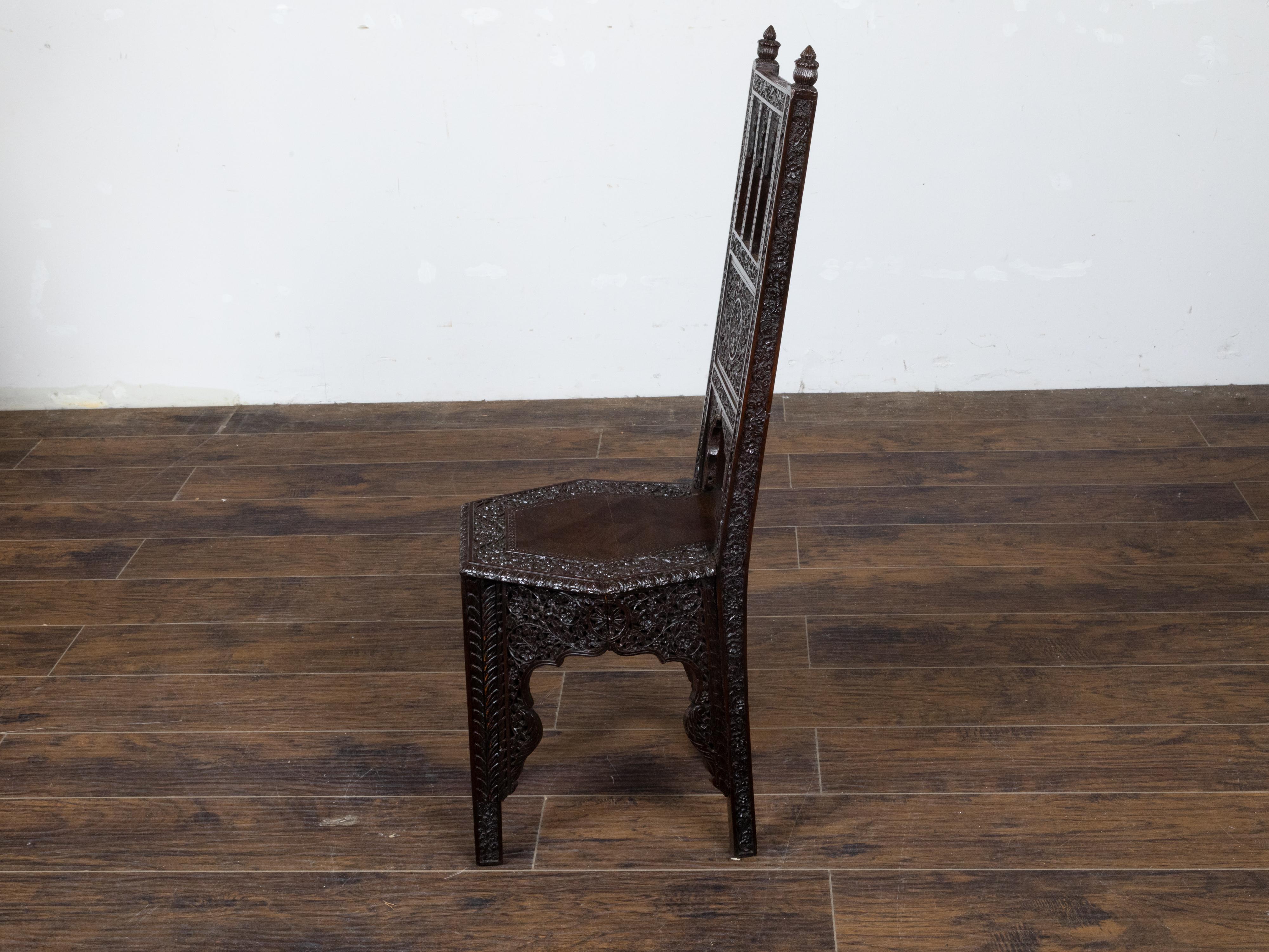 20th Century Anglo Indian Hand Carved Side Chair with Richly Carved Floral Motifs, circa 1900 For Sale