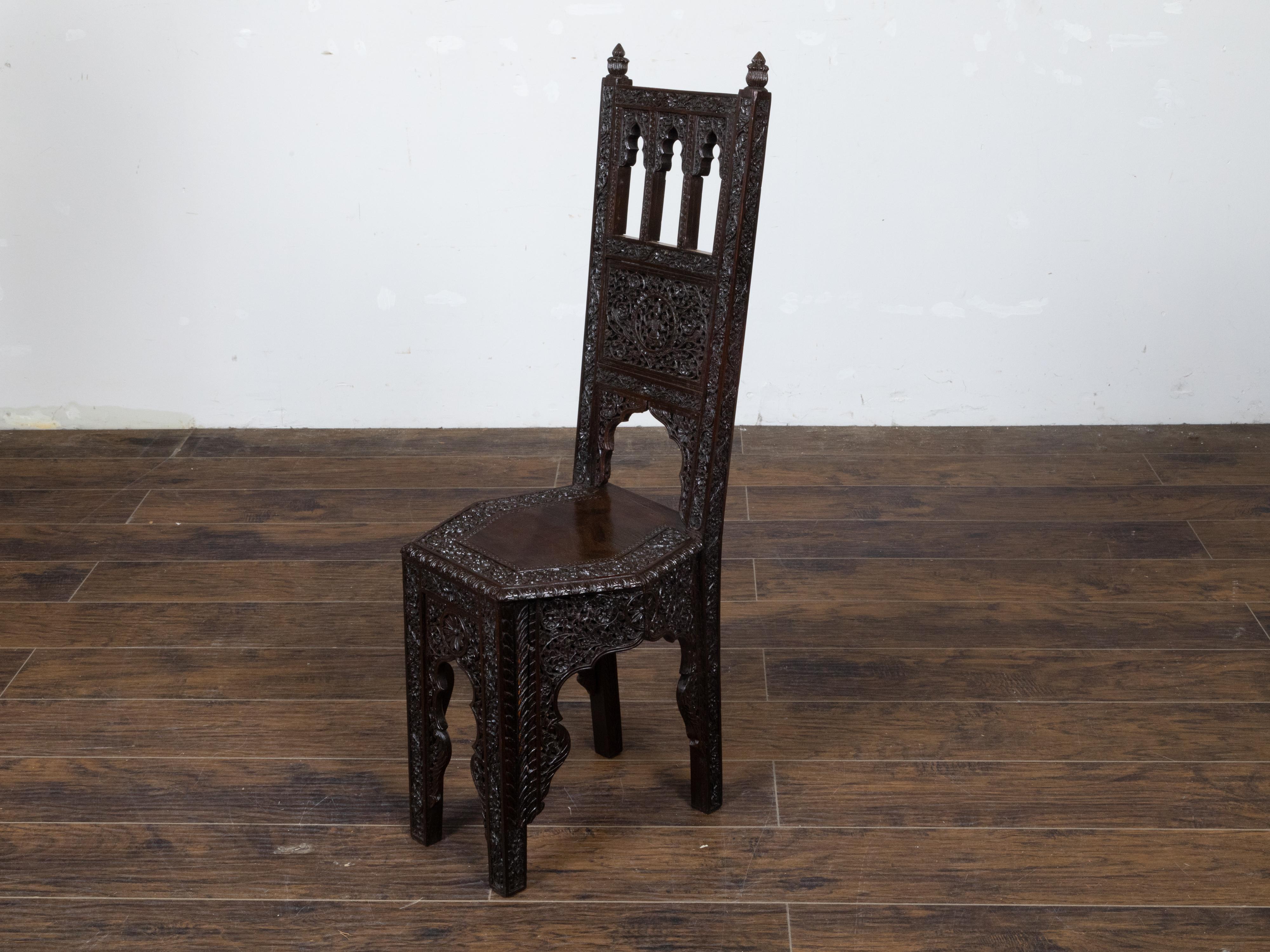 Wood Anglo Indian Hand Carved Side Chair with Richly Carved Floral Motifs, circa 1900 For Sale