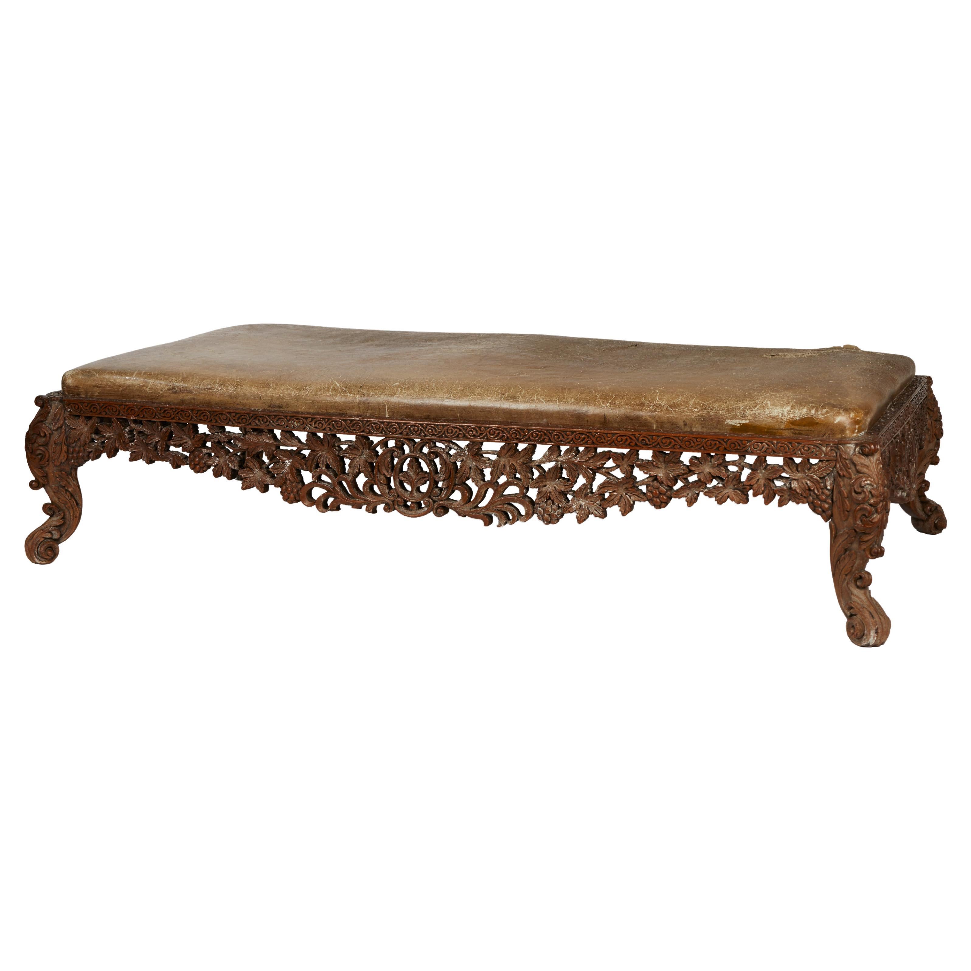Anglo Indian Handcarved Padouk Wood Low Bench