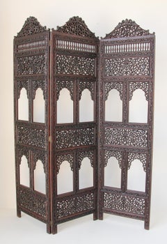 Anglo-Indian Mughal Hardwood Three-Panel Screen