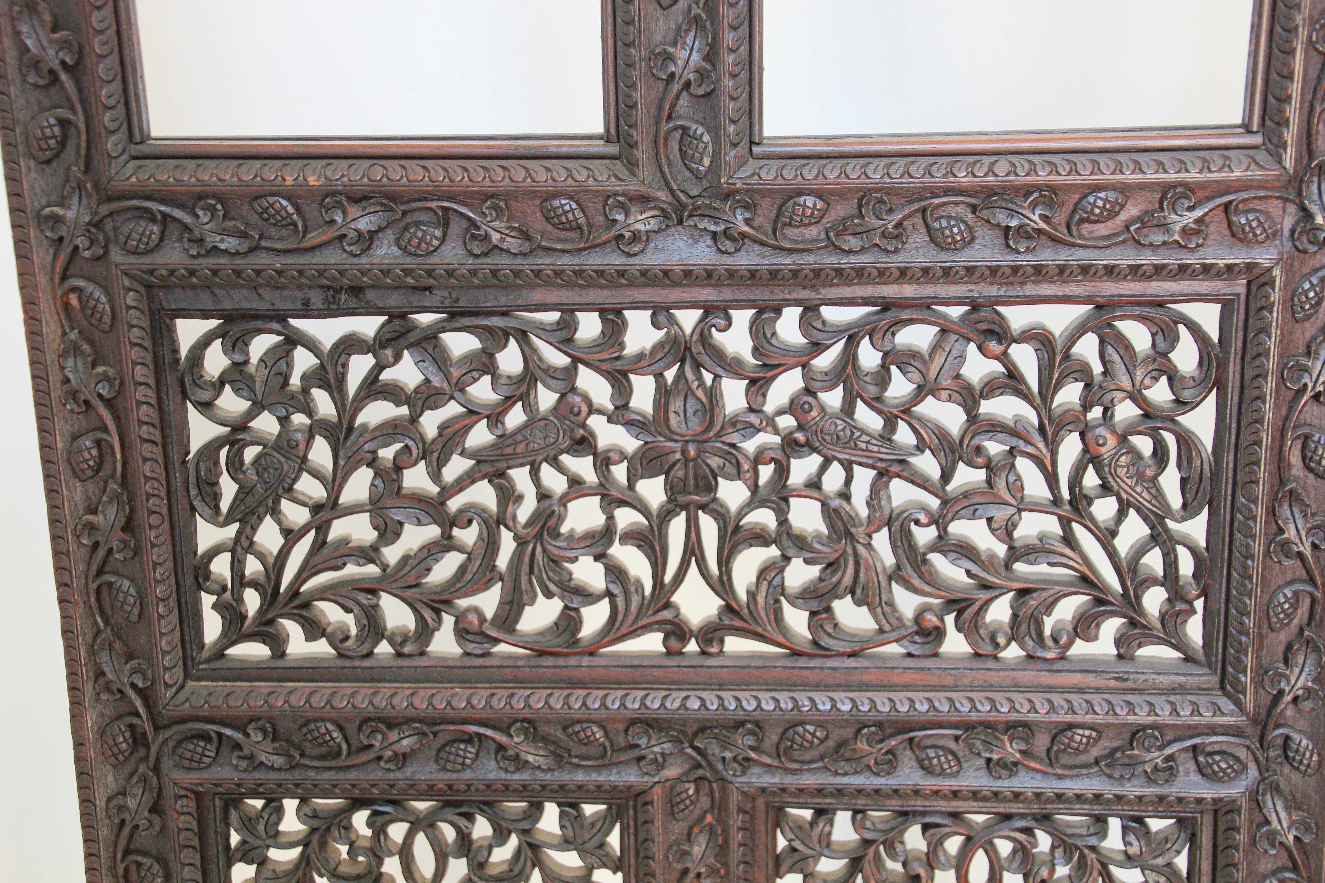 Hand-Carved Anglo-Indian Mughal Hardwood Three-Panel Screen For Sale