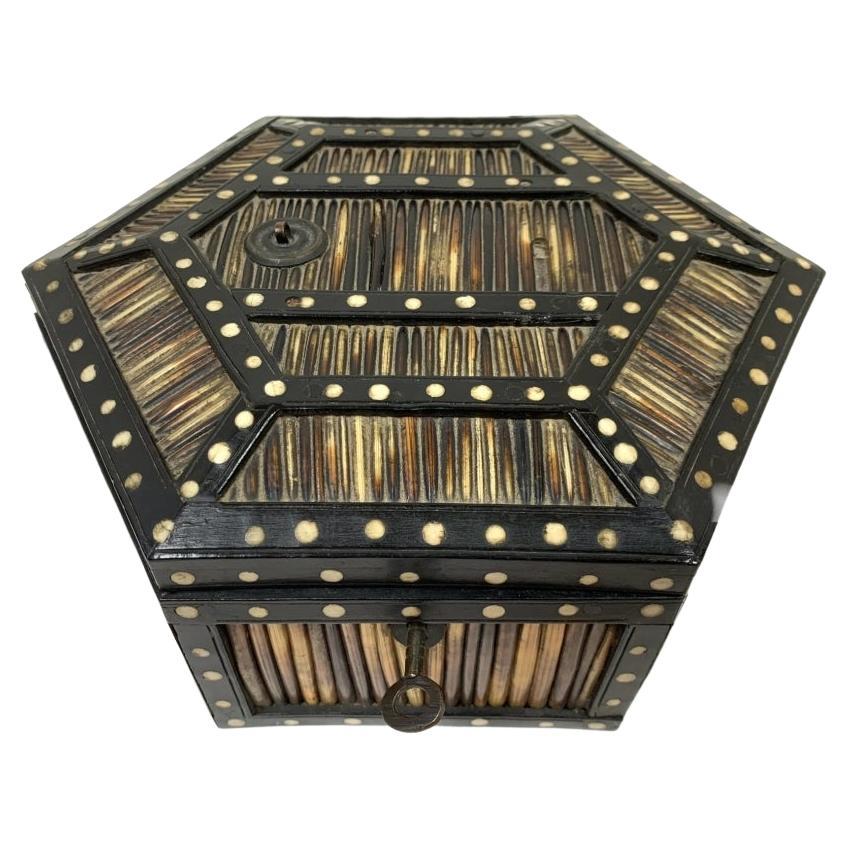 Anglo Indian Hexagonal Porcupine Quill & Bone Inlaid Box For Restoration