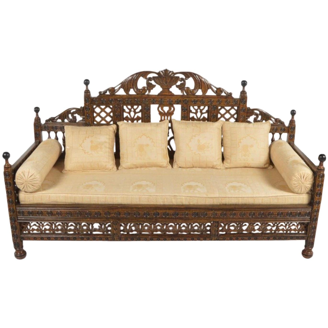 Moroccan Style High Design Wood Settee-Unique Subtle Moorish Pattern Upholstery For Sale