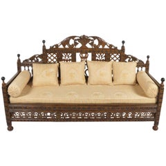 Moroccan Style High Design Wood Settee-Unique Subtle Moorish Pattern Upholstery