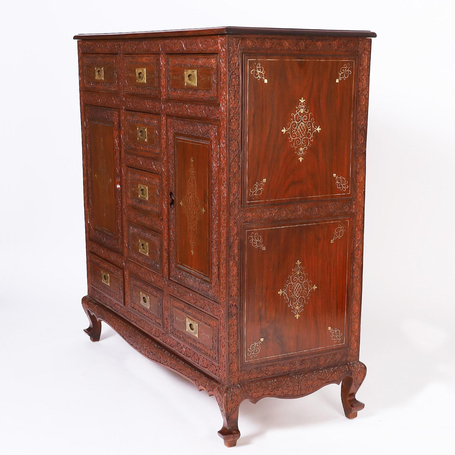 Anglo-Indian Anglo Indian Inlaid and Carved Rosewood Chest