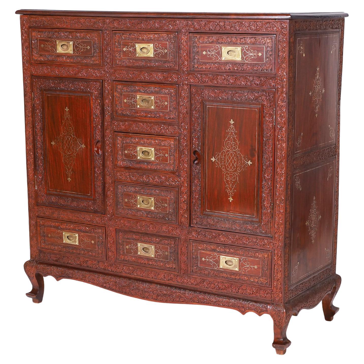 Anglo Indian Inlaid and Carved Rosewood Chest