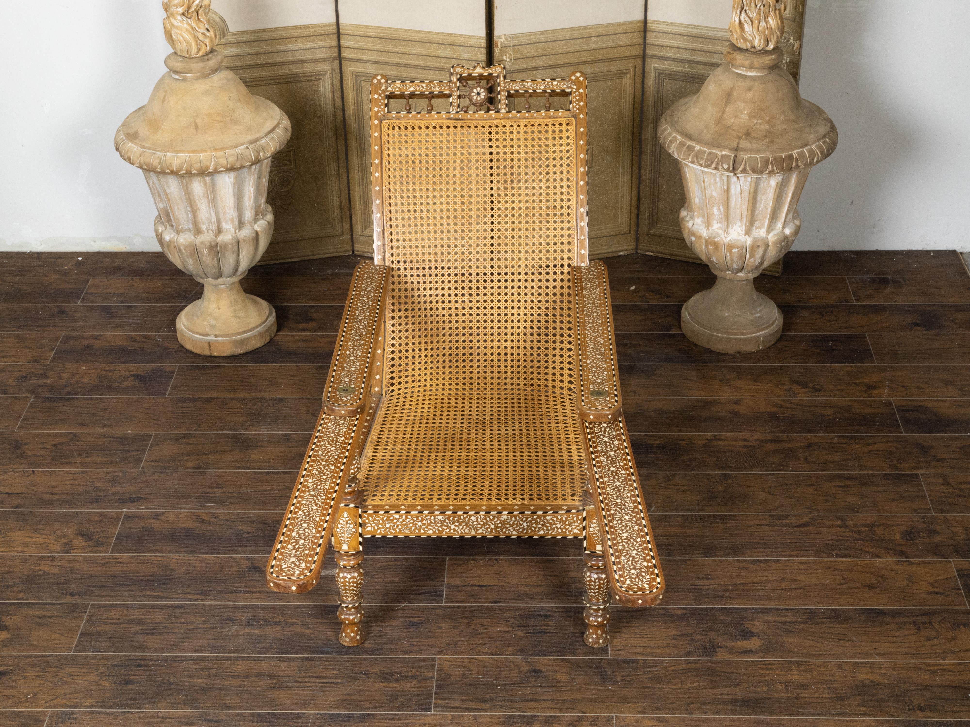 Anglo-Indian Inlaid Plantation Chair with Scrolling Foliage and Extending Arms For Sale 1