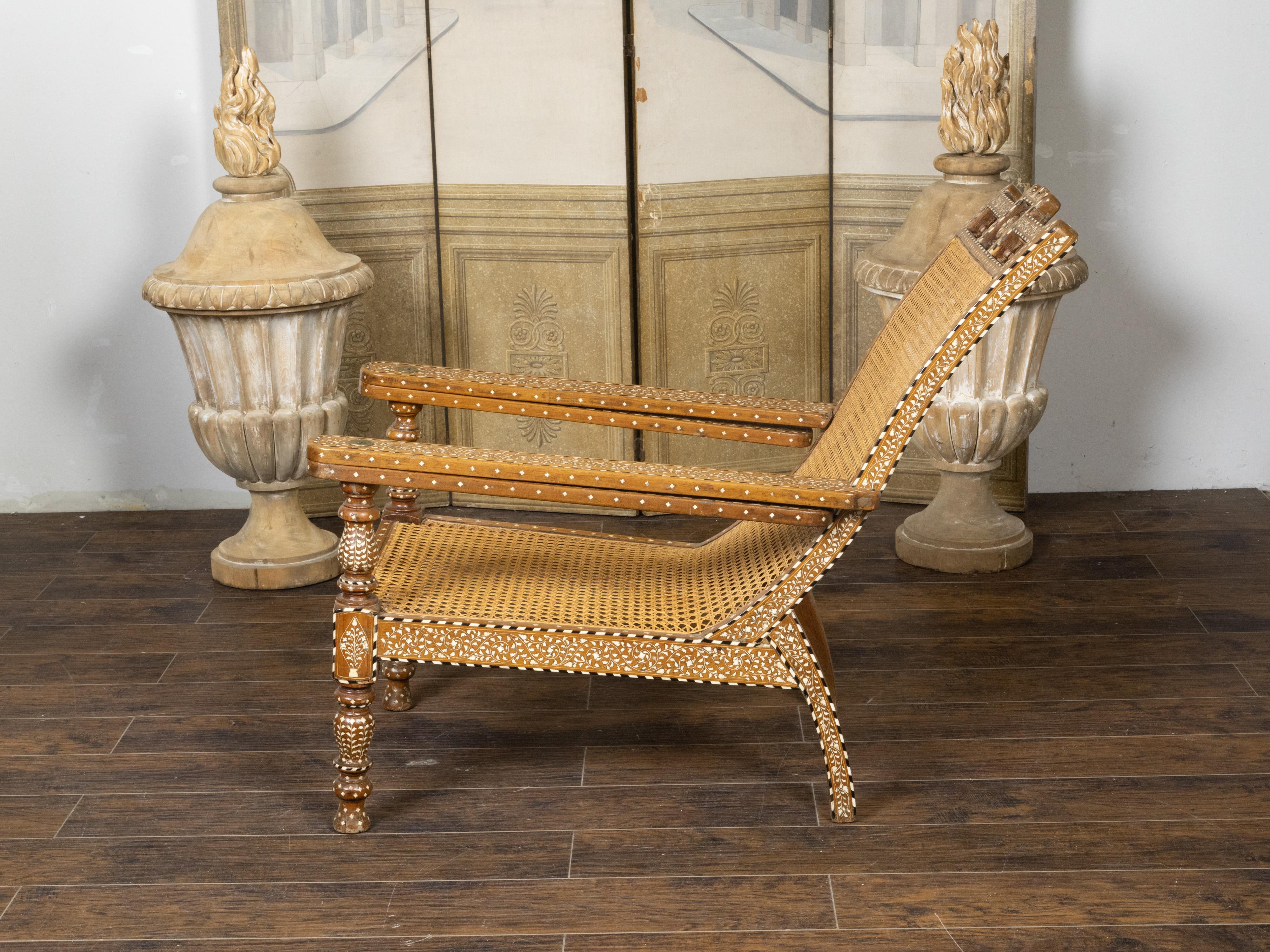 20th Century Anglo-Indian Inlaid Plantation Chair with Scrolling Foliage and Extending Arms For Sale